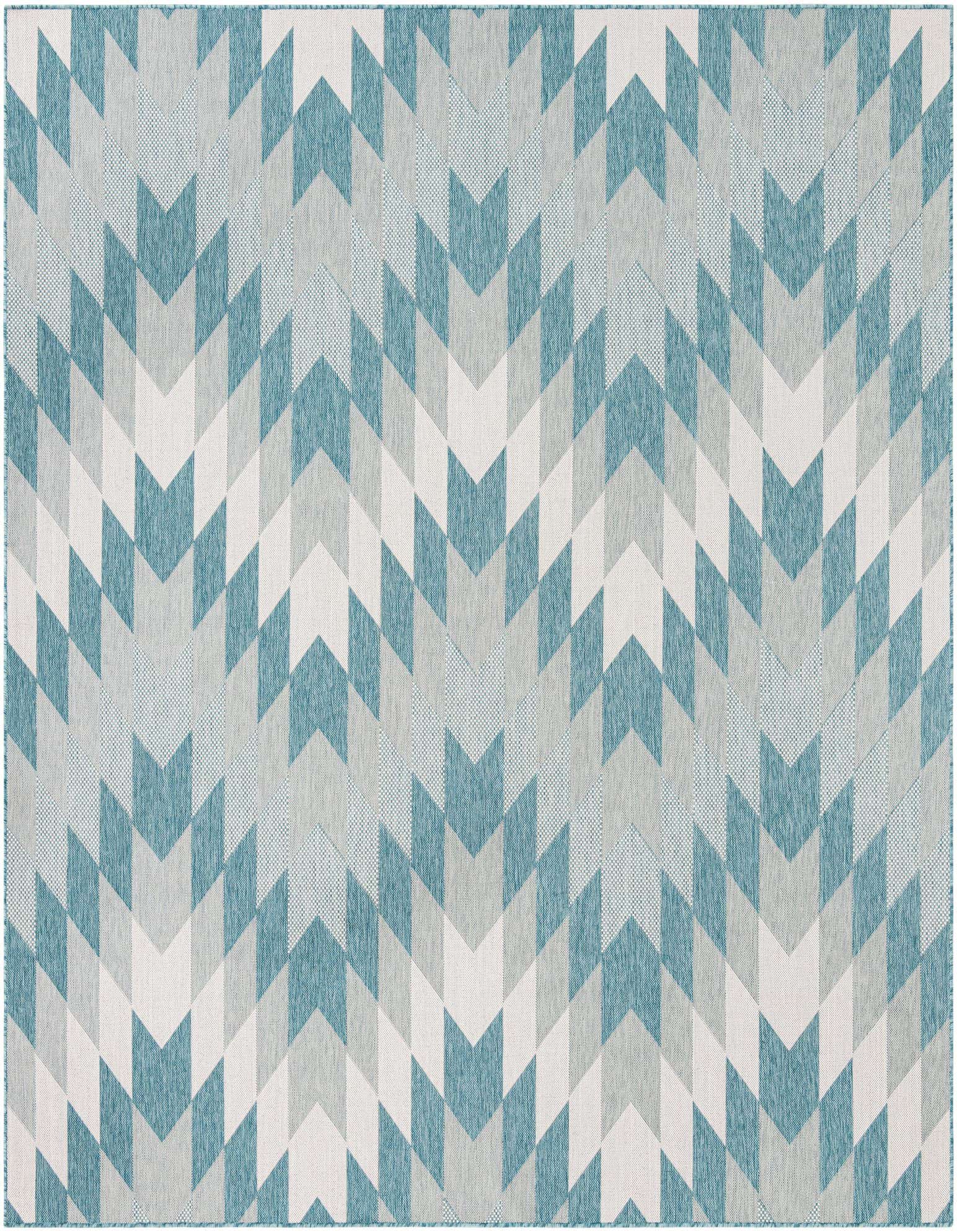 A 10'x10' square indoor/outdoor rug featuring a modern tribal pattern in shades of blue, light blue, and off-white.