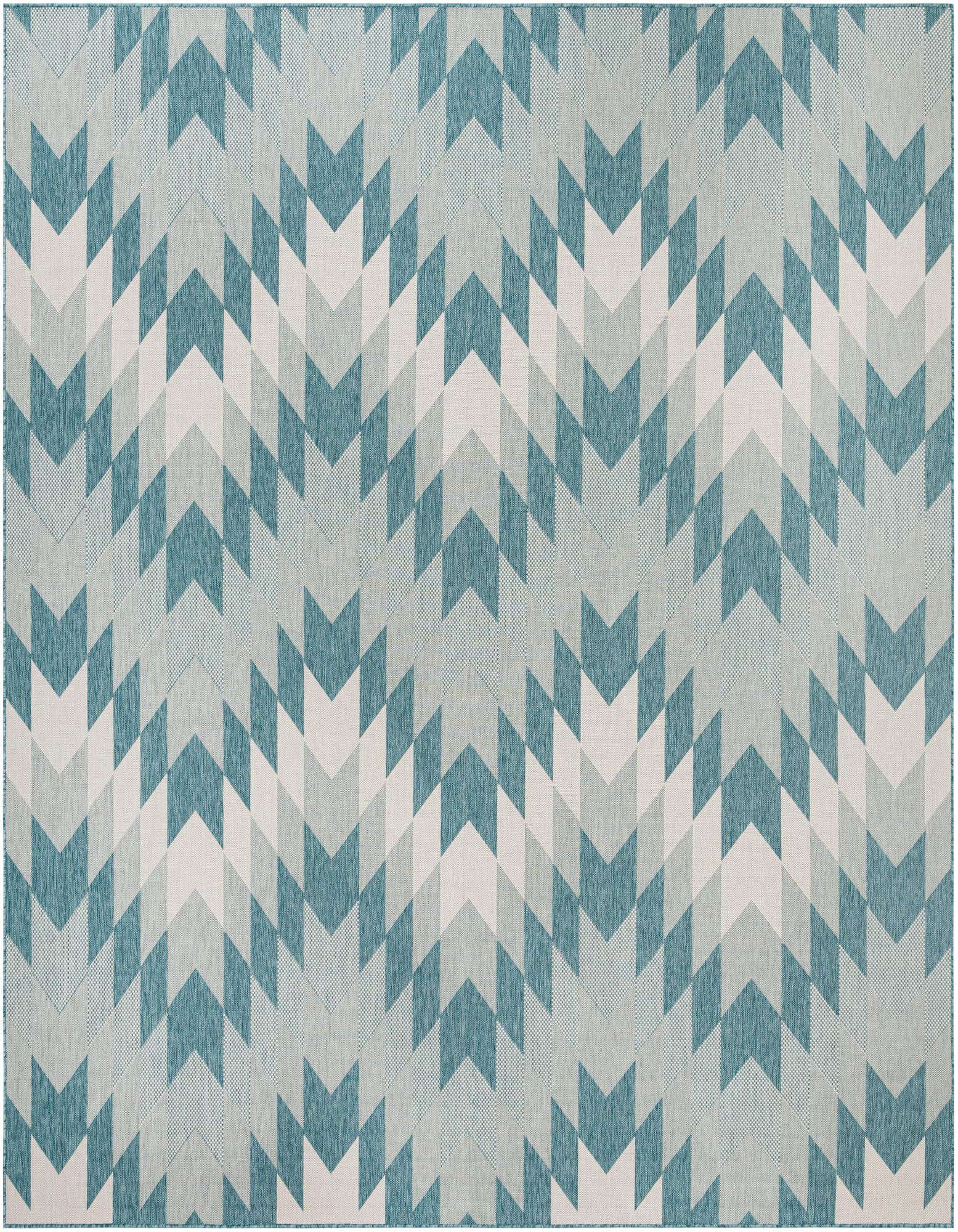 A 12x12 square blue and white tribal geometric rug with a chevron-like pattern, ideal for a patio.