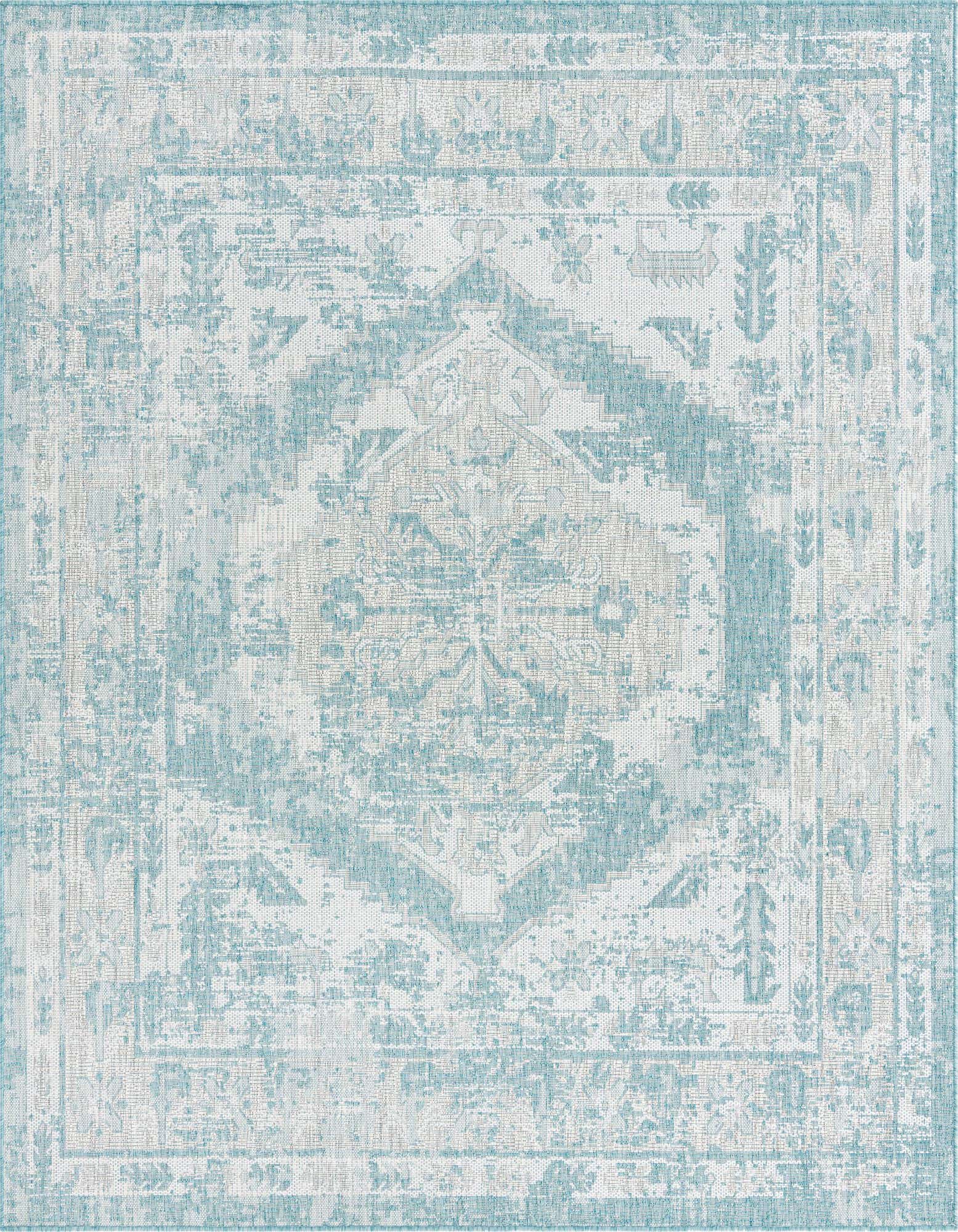 A 7' 10 x 7' 10 square blue and white indoor/outdoor rug with a distressed Southwestern and traditional pattern.