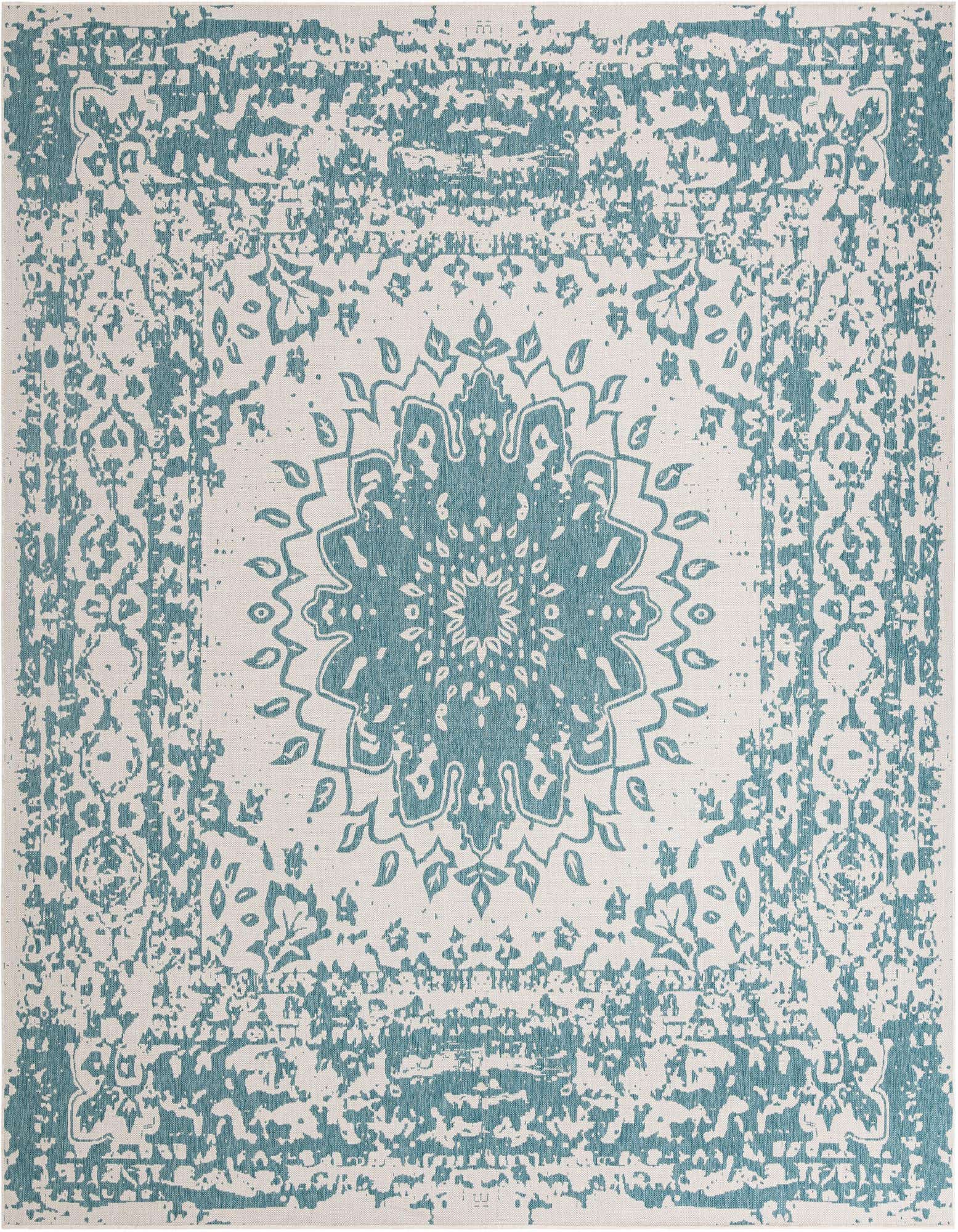 A 12' square blue and white medallion rug with a distressed vintage pattern, suitable for indoor or outdoor use.