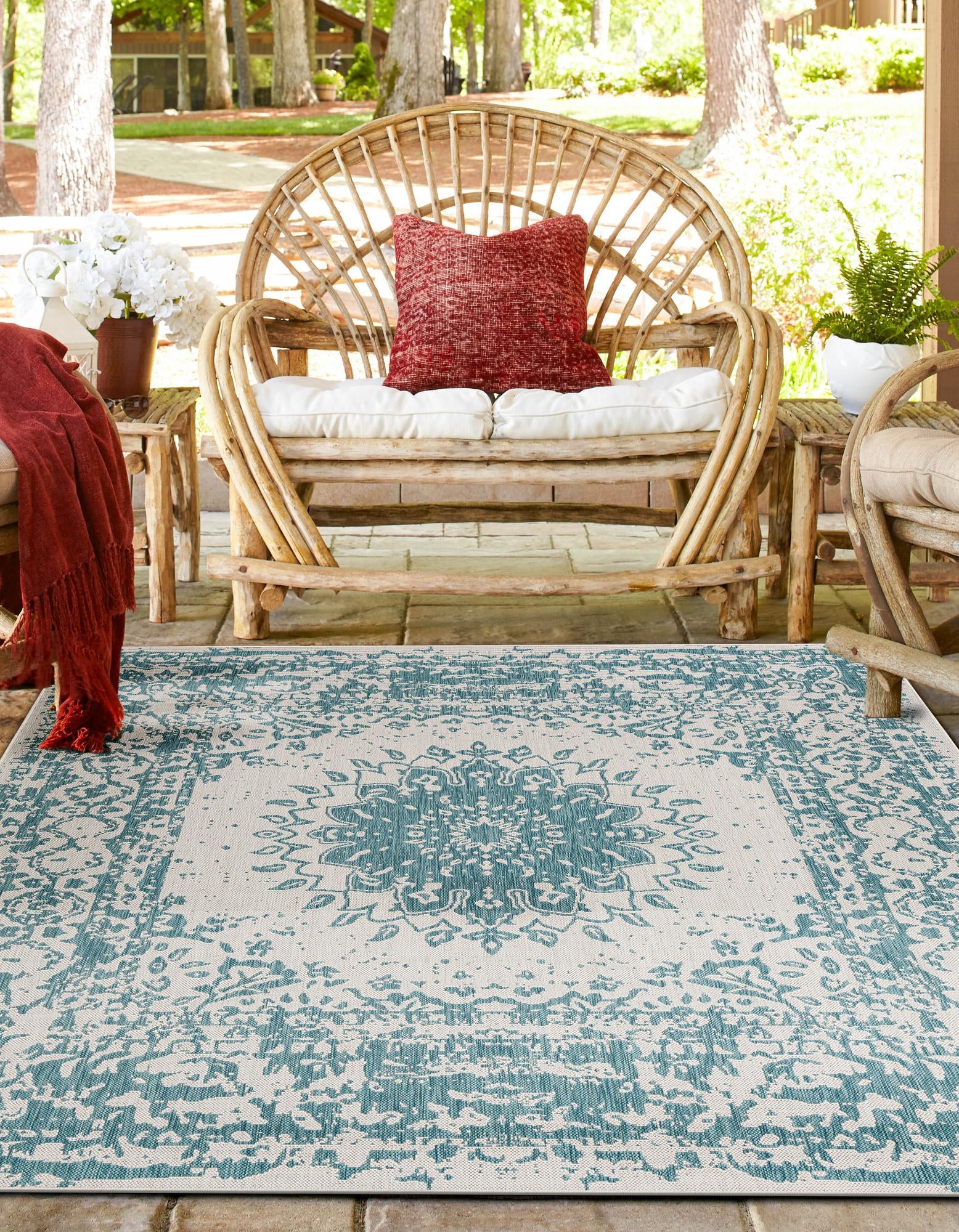 Aqua 12' x 12' Traditional Indoor / Outdoor Square Rug | Rugs.com