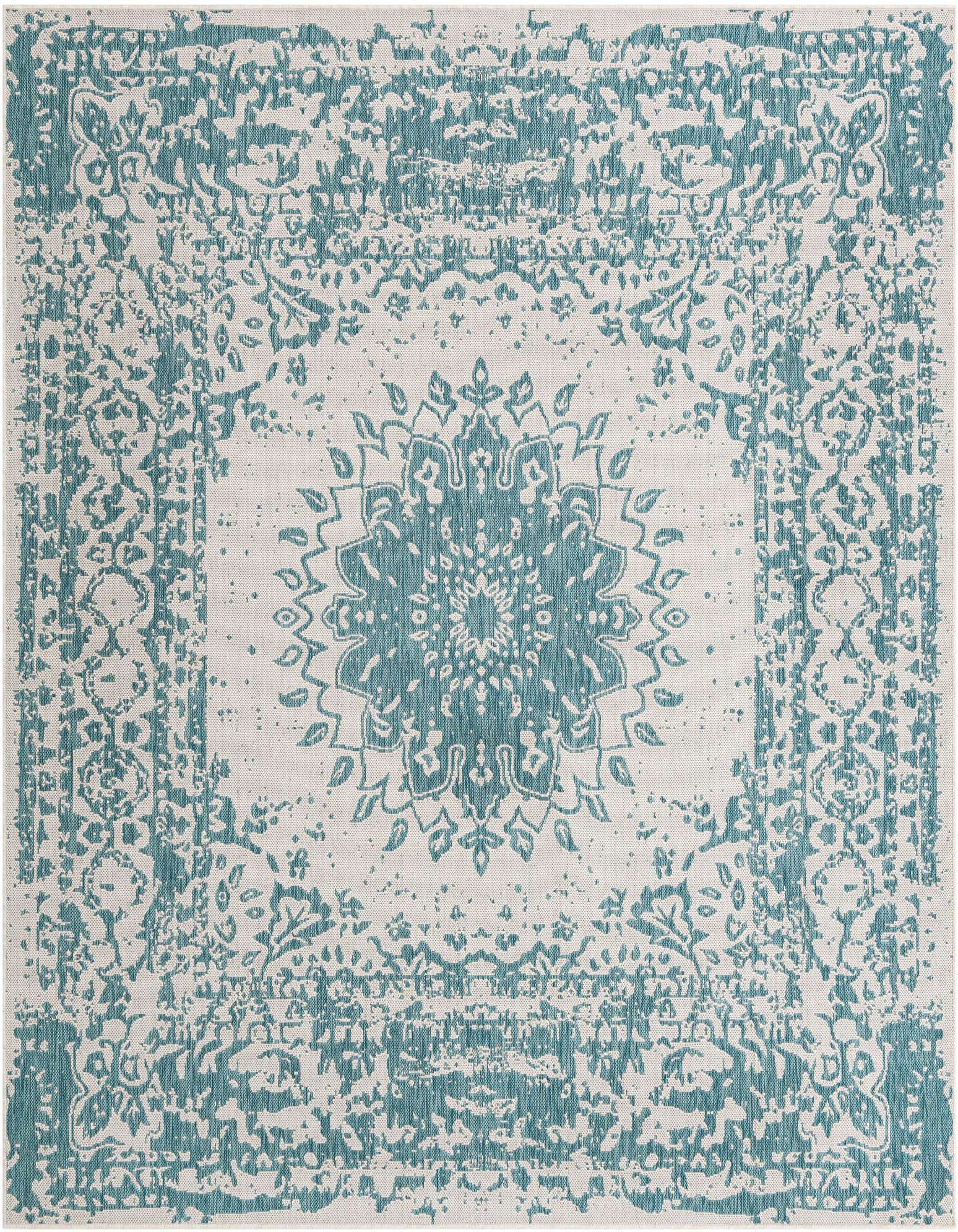 A square 7' 10 x 7' 10 blue and white indoor/outdoor rug with a distressed traditional medallion pattern, perfect for a patio.