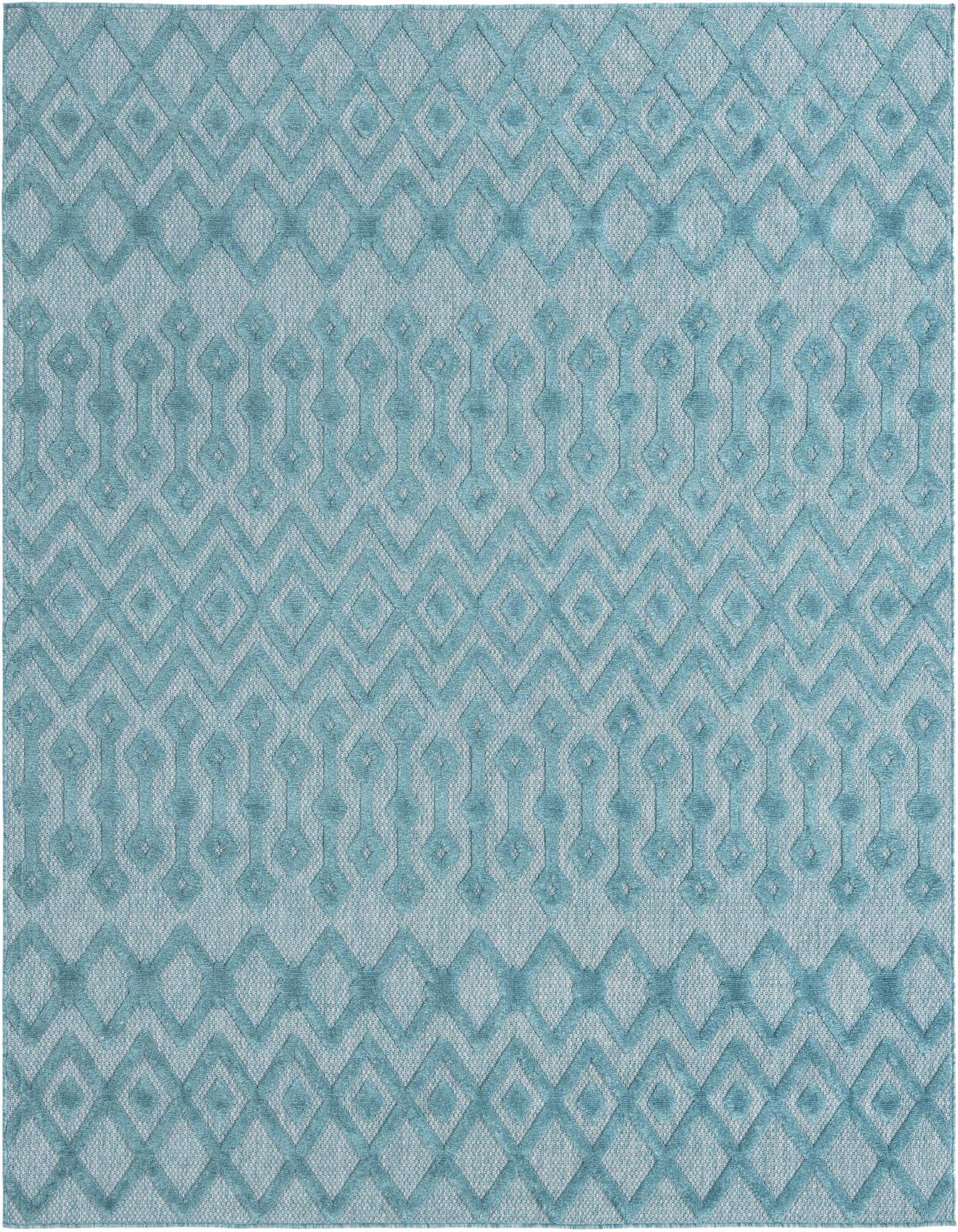 A 7' 10 x 7' 10 square blue indoor/outdoor rug with a textured tribal trellis pattern.