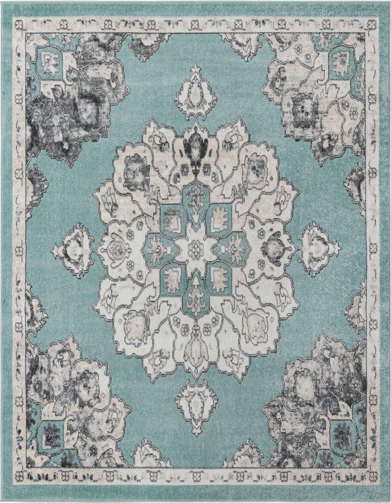 A 7' 10 x 7' 10 square blue traditional rug with a large white and gray medallion pattern and a decorative border.