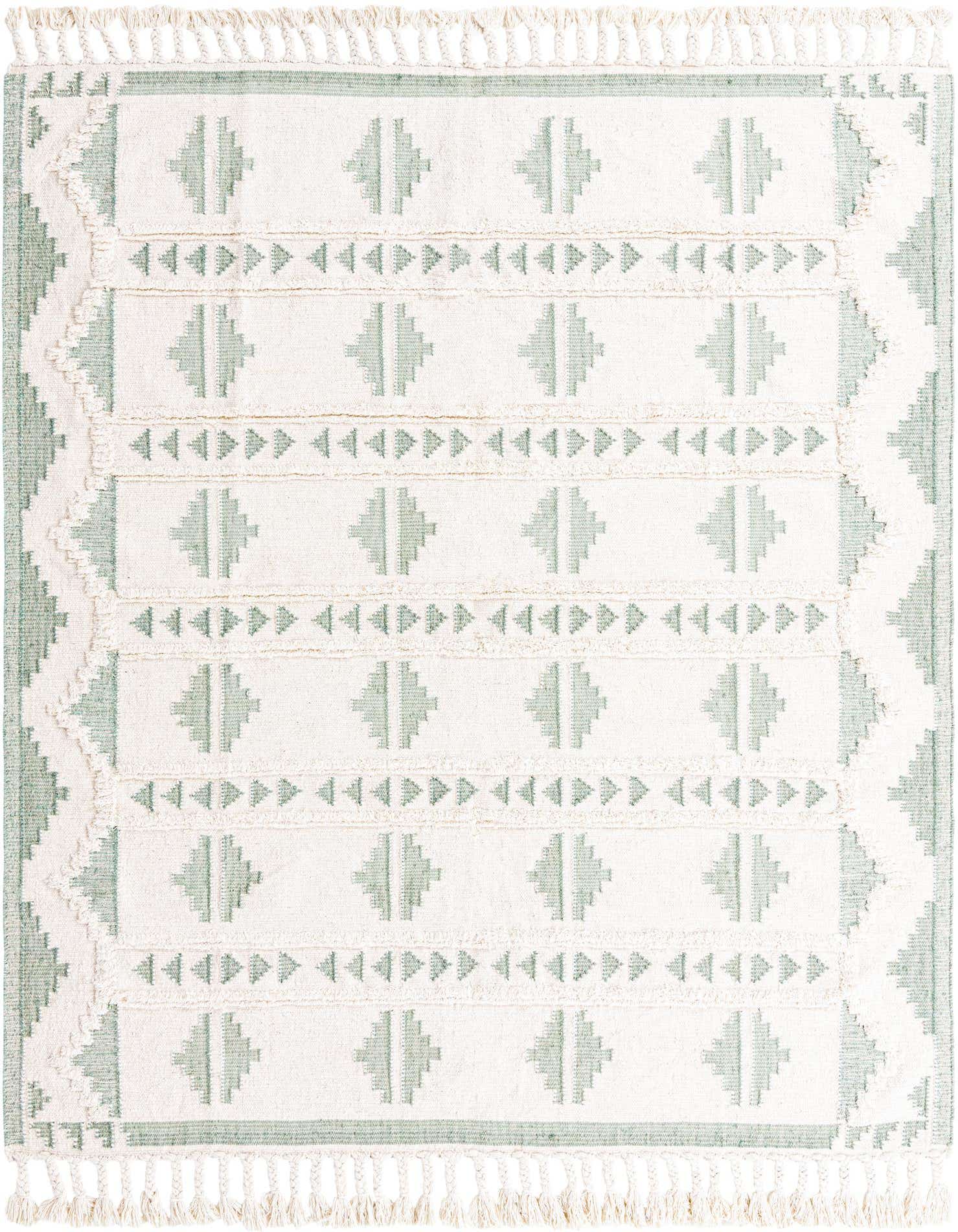 An 8x10 rectangular Arizona Collection rug in aquamarine and white, featuring a modern tribal pattern with shag texture and fringe.