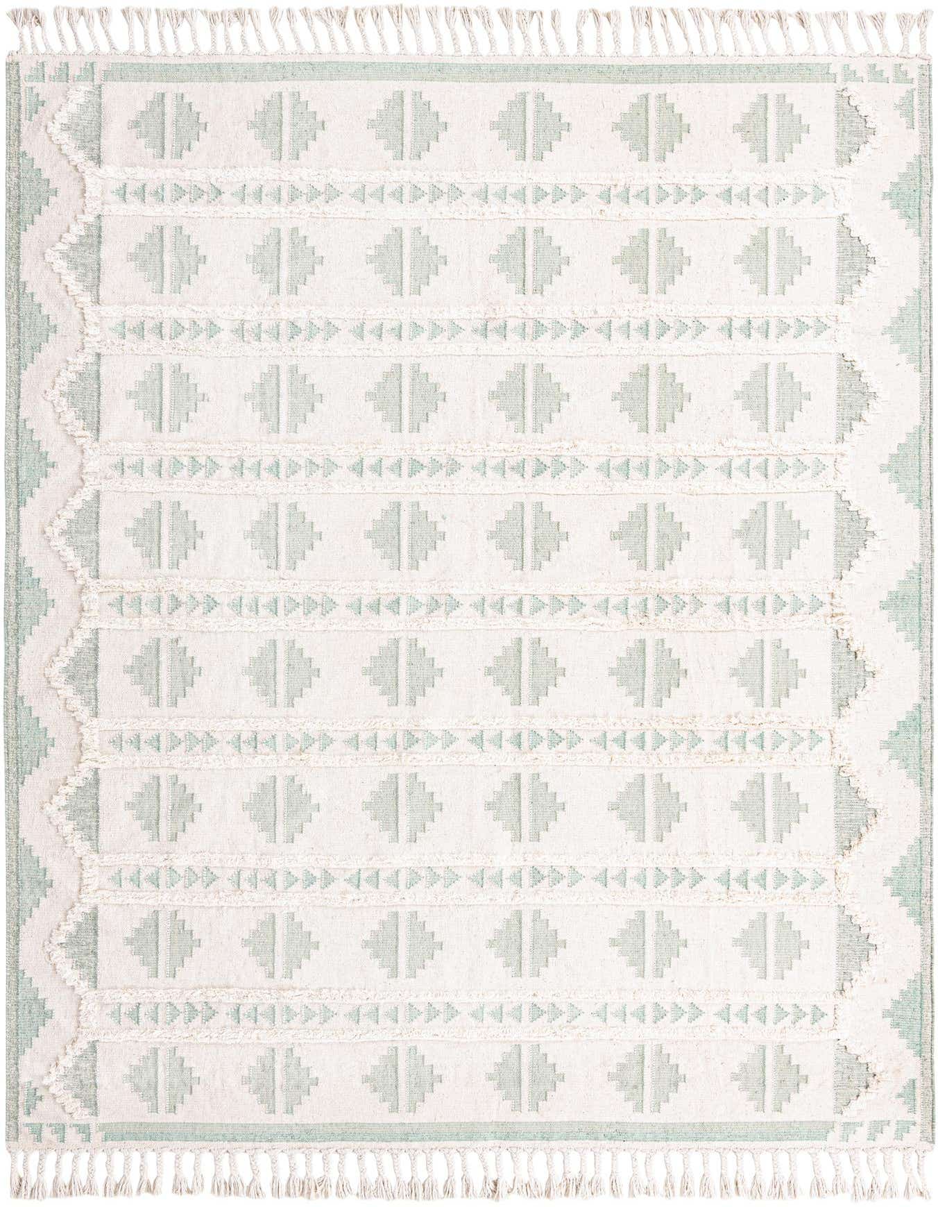 A 10x14 rectangular Aquamarine and White tribal shag rug with fringe, featuring geometric patterns.