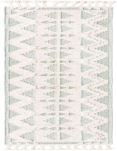 A 13 ft runner rug in aquamarine and white, featuring a modern tribal pattern with shag texture and tassels.