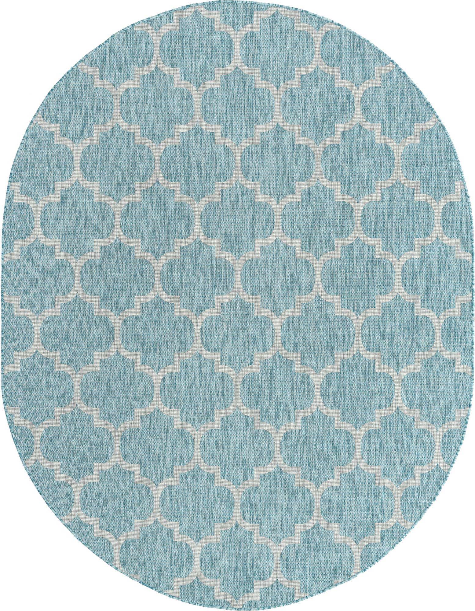 A 7'10" x 10'0" oval blue and white trellis rug, suitable for indoor or outdoor use.