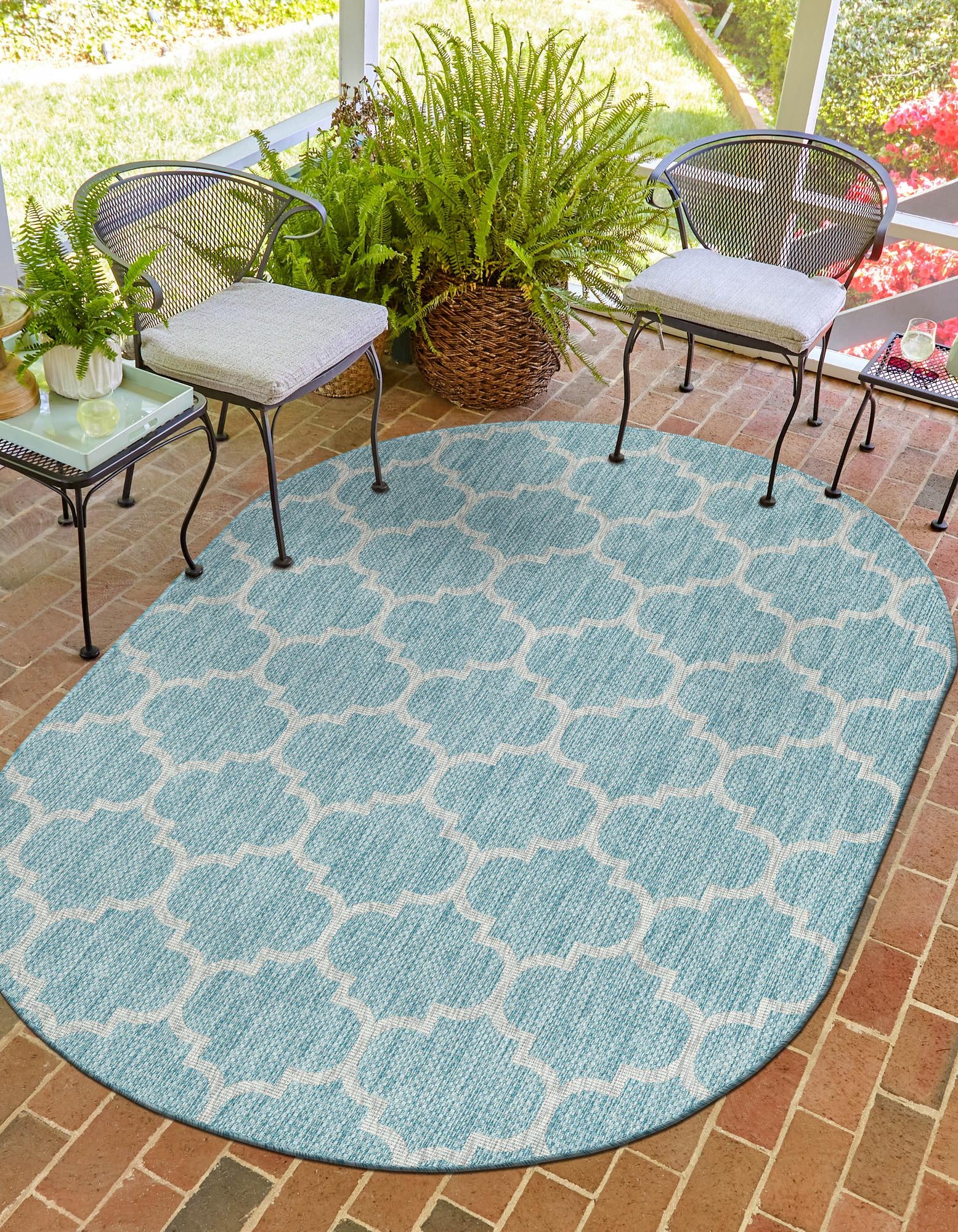 Aquamarine 3' 3 x 5' 3 Lattice Indoor / Outdoor Oval Rug | Rugs.com