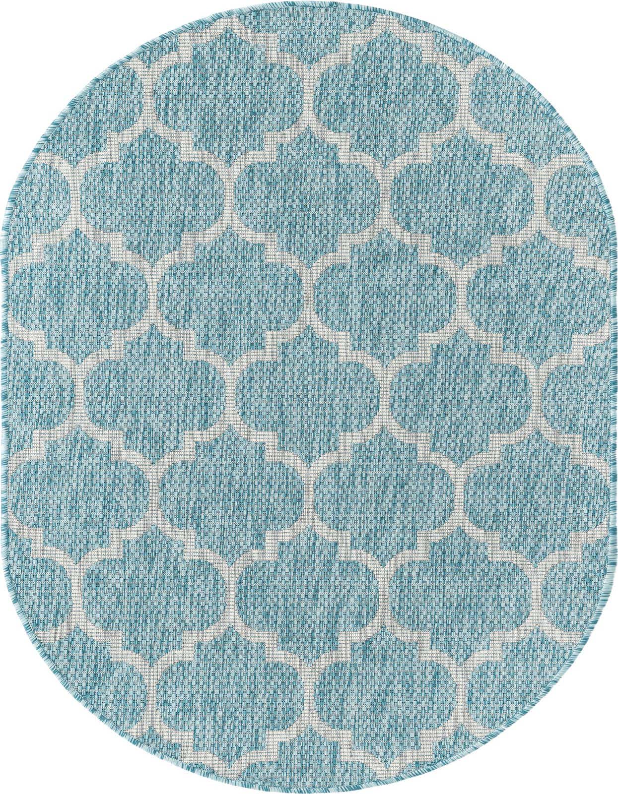 A 3' x 5' oval blue and white trellis pattern flatweave rug, suitable for indoor or outdoor use.