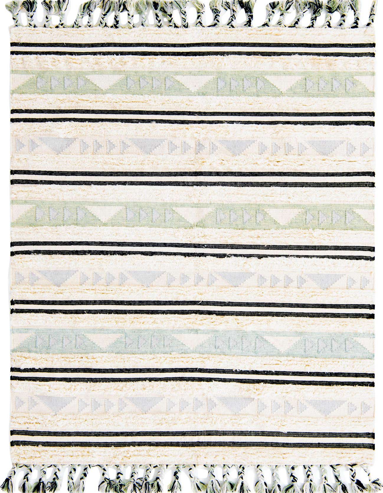 A 6x9 rectangular Arizona collection rug featuring blue, cream, and black tribal stripes with a shag pile and decorative tassels.