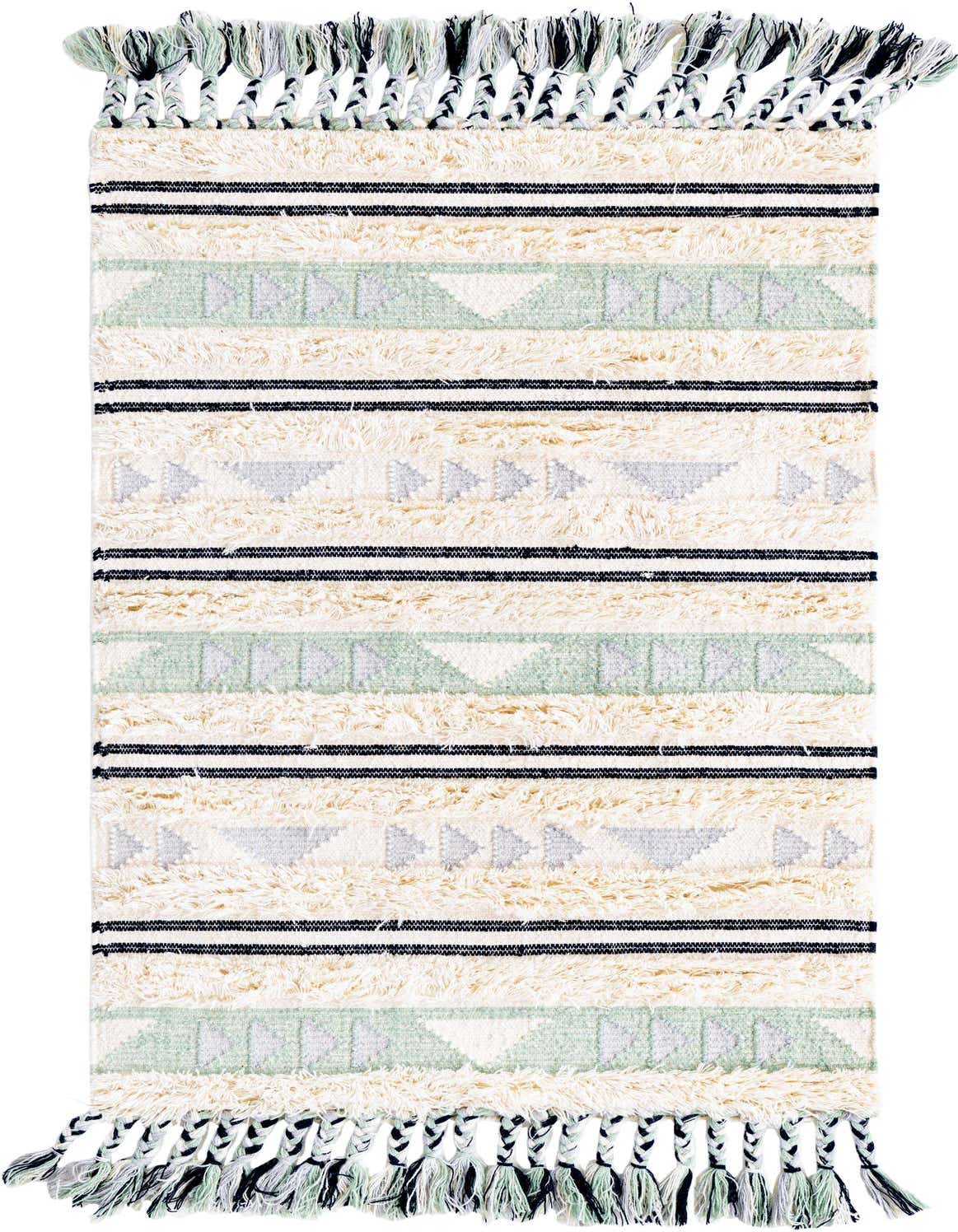 A 3x5 rectangular Arizona rug featuring a tribal, modern, and bohemian stripe pattern in cream, light blue, and black, with shag and flatweave textures and decorative tassels.