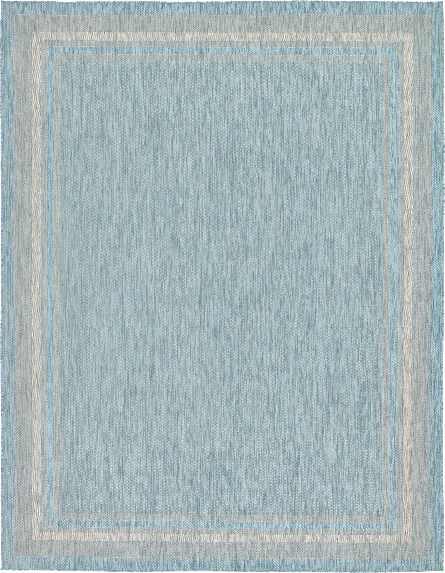 A 9x12 rectangular blue flatweave rug with a subtle light blue and white striped border, suitable for indoor or outdoor spaces.