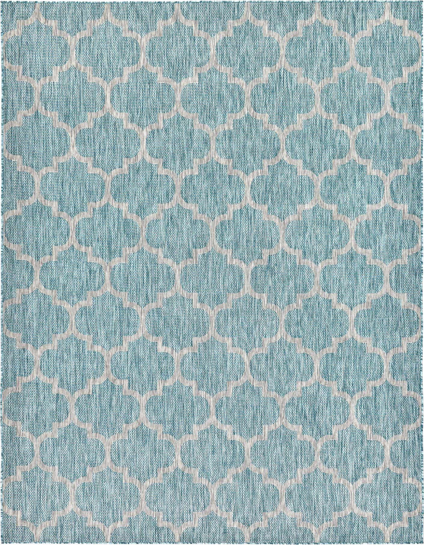 8x11 rectangular blue and white trellis pattern rug, suitable for indoor or outdoor use.