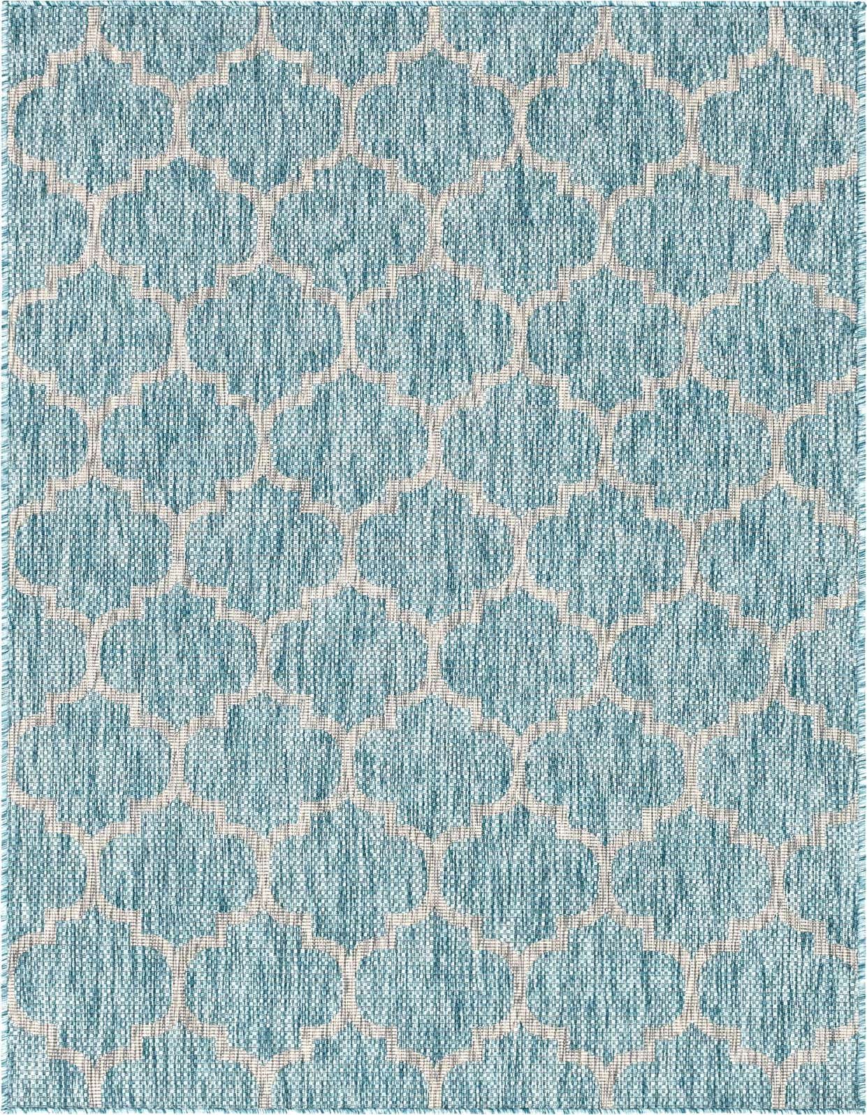 A 5x8 rectangular blue indoor/outdoor rug with a modern trellis pattern in a lighter blue hue, suitable for a patio or living room.