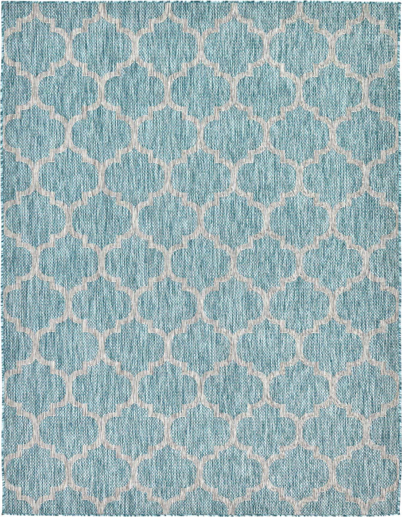 A 6x9 rectangular blue and white trellis pattern rug, suitable for indoor or outdoor spaces like a patio or living room.