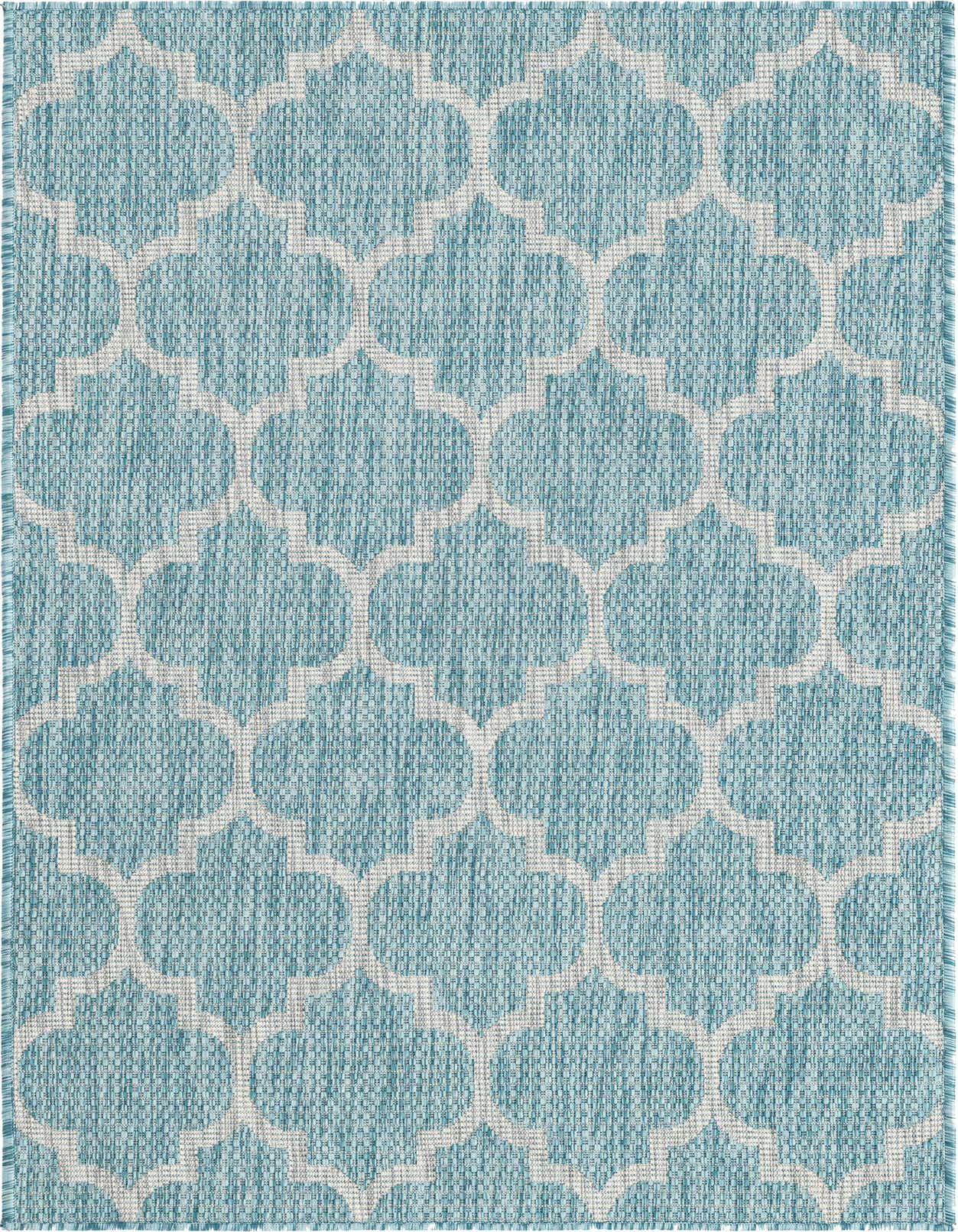 A 3x5 rectangular blue and white indoor/outdoor rug featuring a modern trellis pattern.
