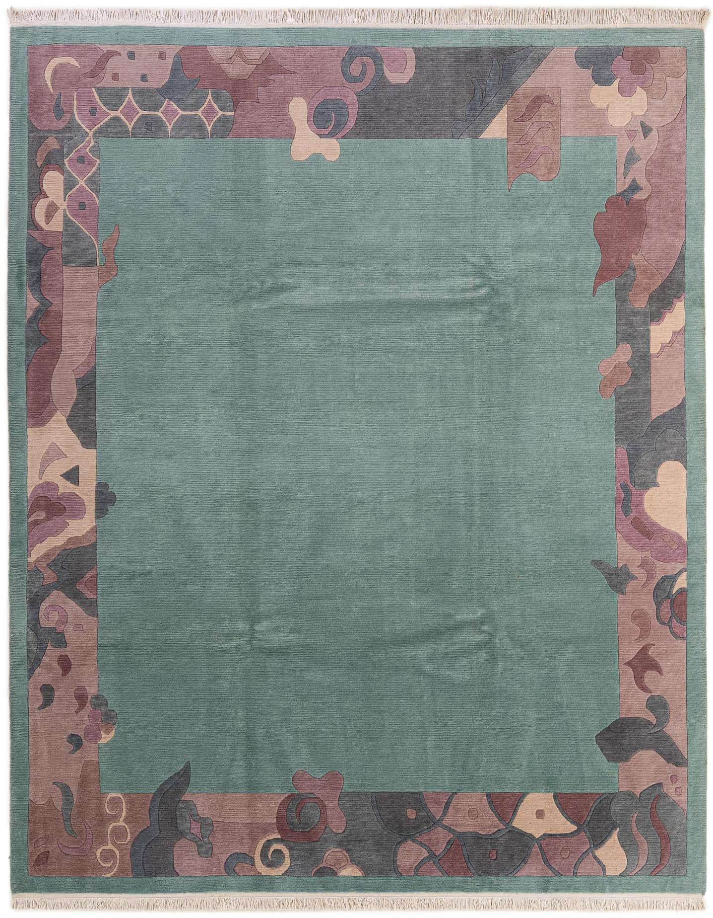 An 8x11 rectangular blue wool rug with a modern oriental abstract border in shades of purple, brown, and grey.