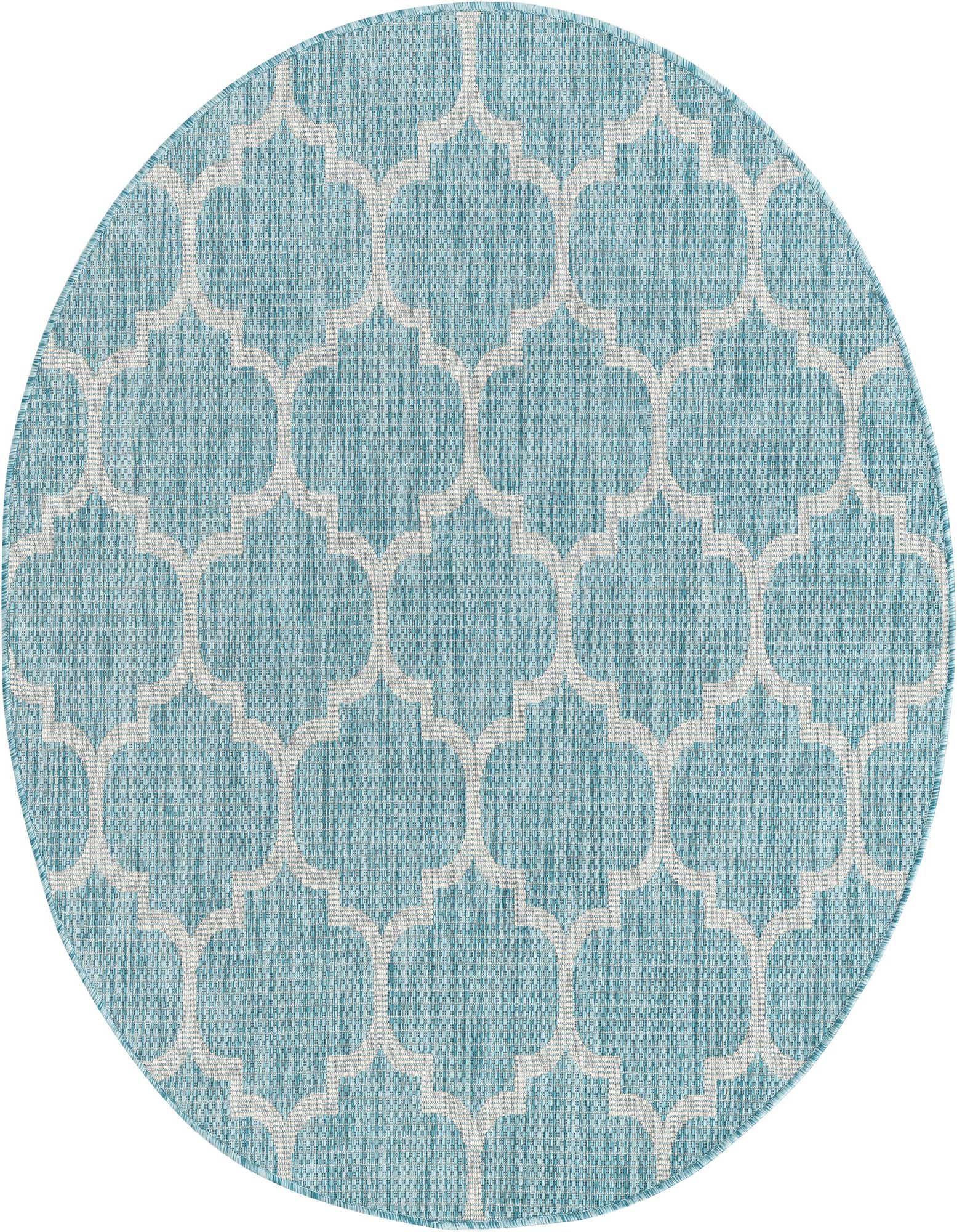 A round 5' 3" blue and white trellis pattern rug, ideal for indoor or outdoor spaces like a patio.