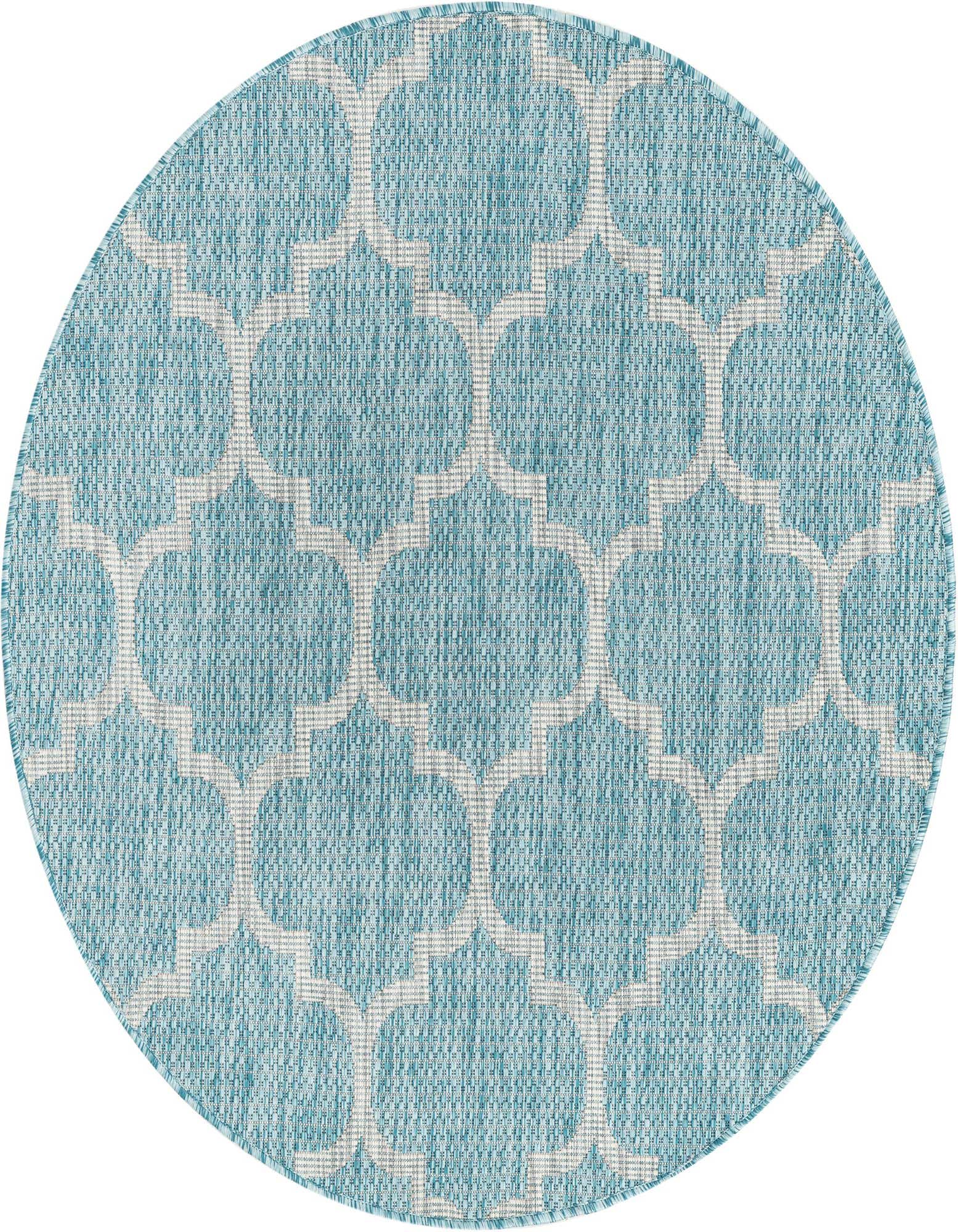 A round blue and white trellis pattern rug, perfect for a patio or indoor space.
