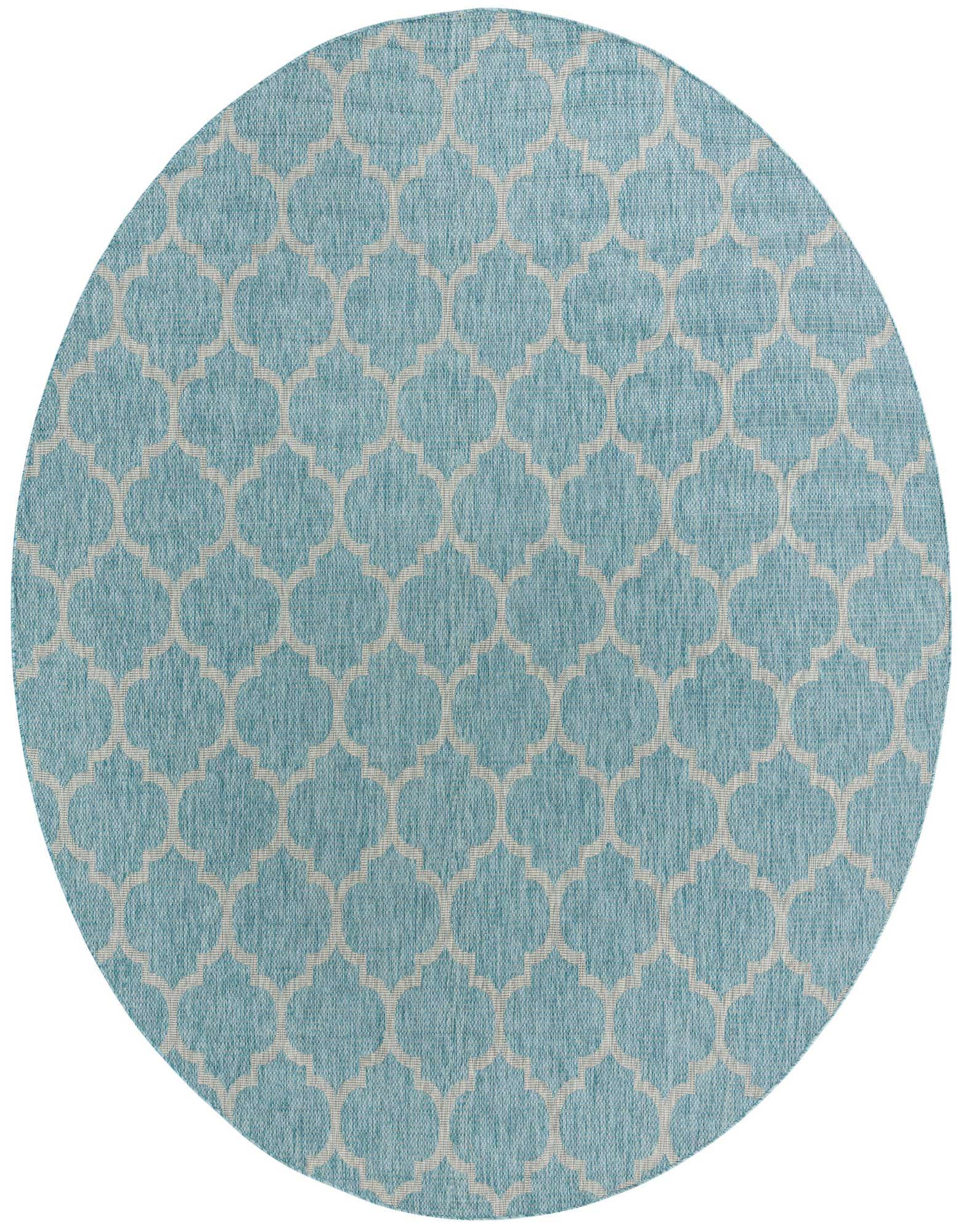 A 10' 8 x 10' 8 round blue indoor/outdoor rug with a light beige modern trellis pattern, suitable for a patio.