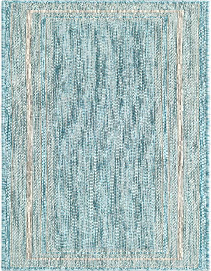 A 6 ft runner rug featuring a textured flatweave in varying shades of blue with light beige border stripes, suitable for indoor/outdoor use.