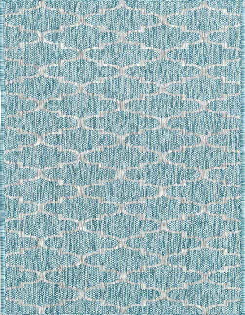 A blue and white 8 ft runner rug with a modern trellis pattern, suitable for indoor or outdoor use.