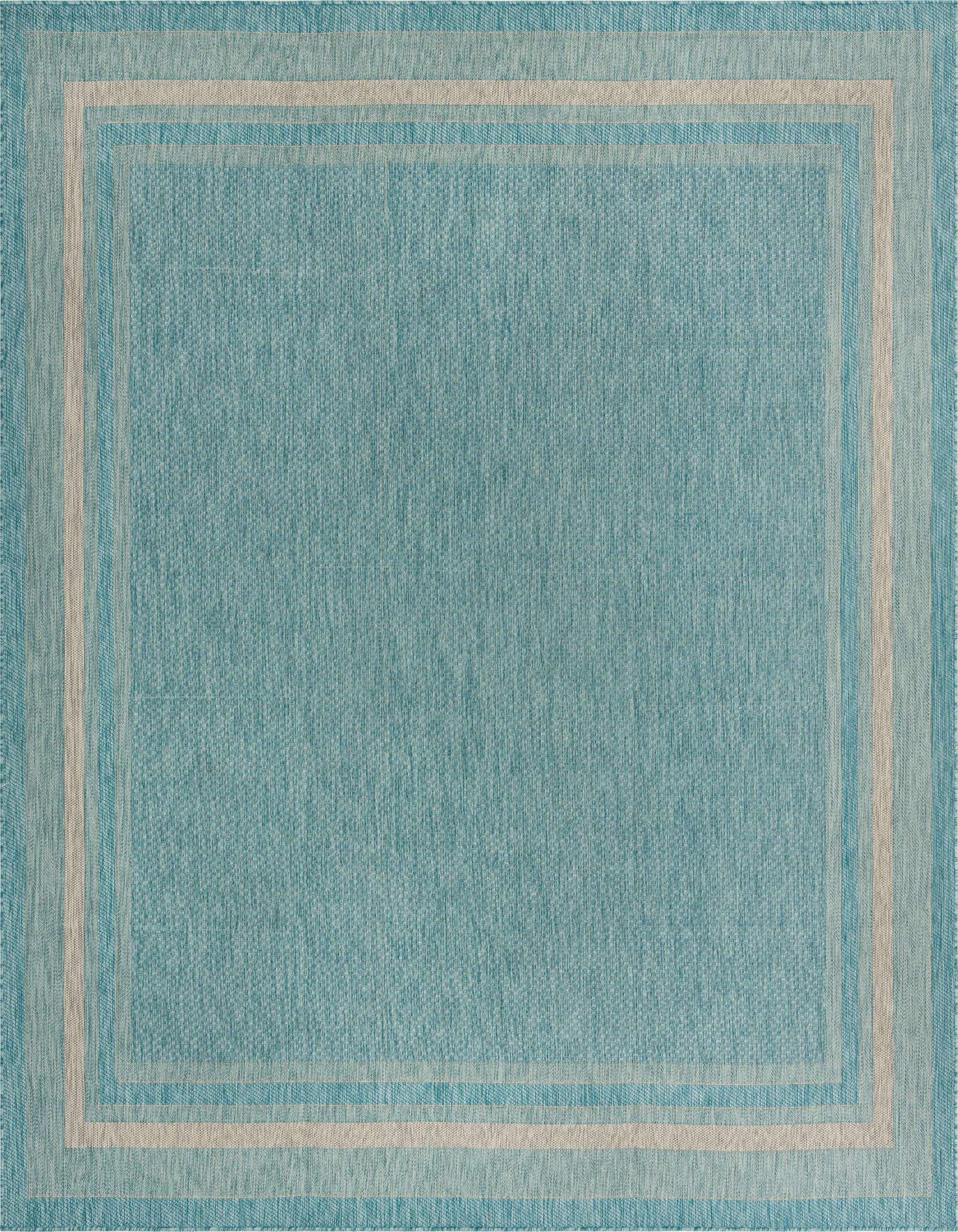 A 10' 8 x 10' 8 square blue indoor/outdoor rug with a subtle border design, featuring a flatweave texture.