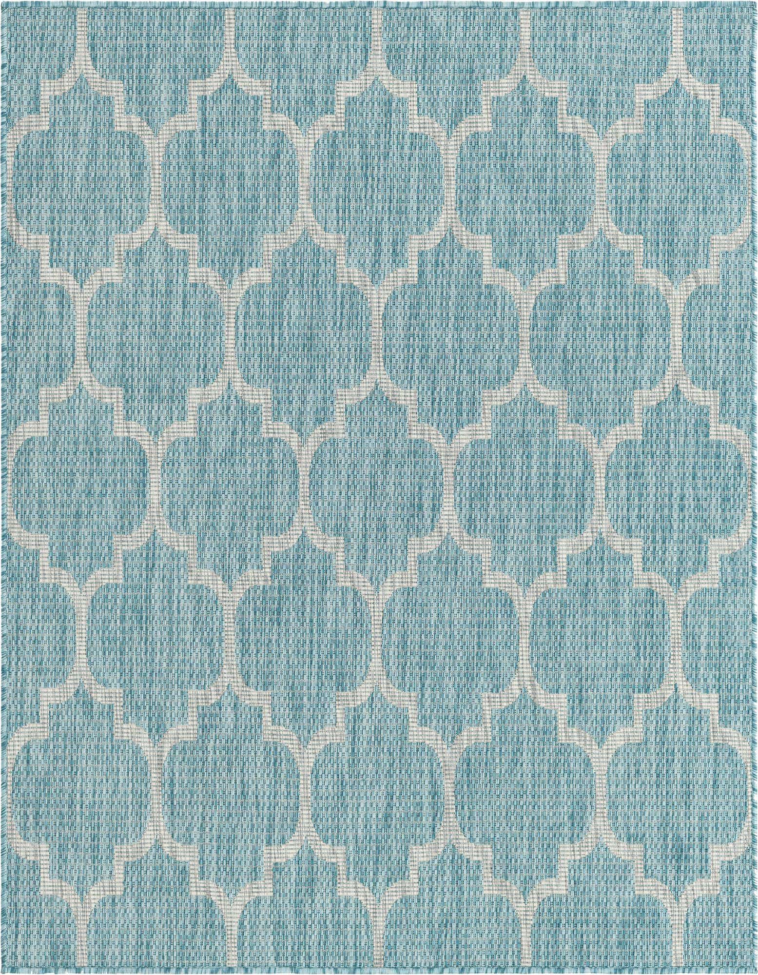A 5' 3 x 5' 3 square blue indoor/outdoor rug with a white modern trellis pattern, suitable for a patio.