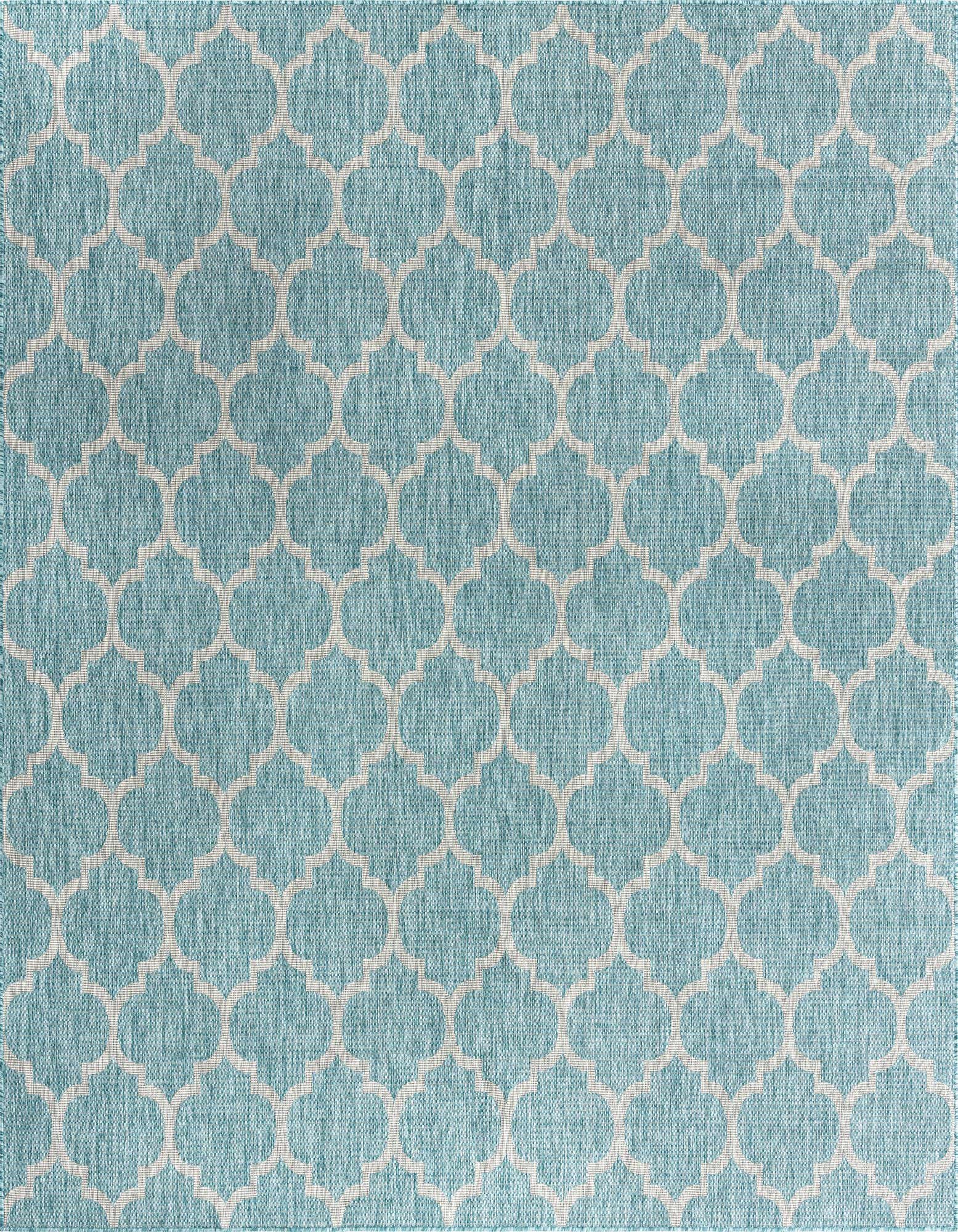 A square 10' 8 x 10' 8 blue indoor/outdoor rug with a white modern trellis pattern, suitable for a patio.