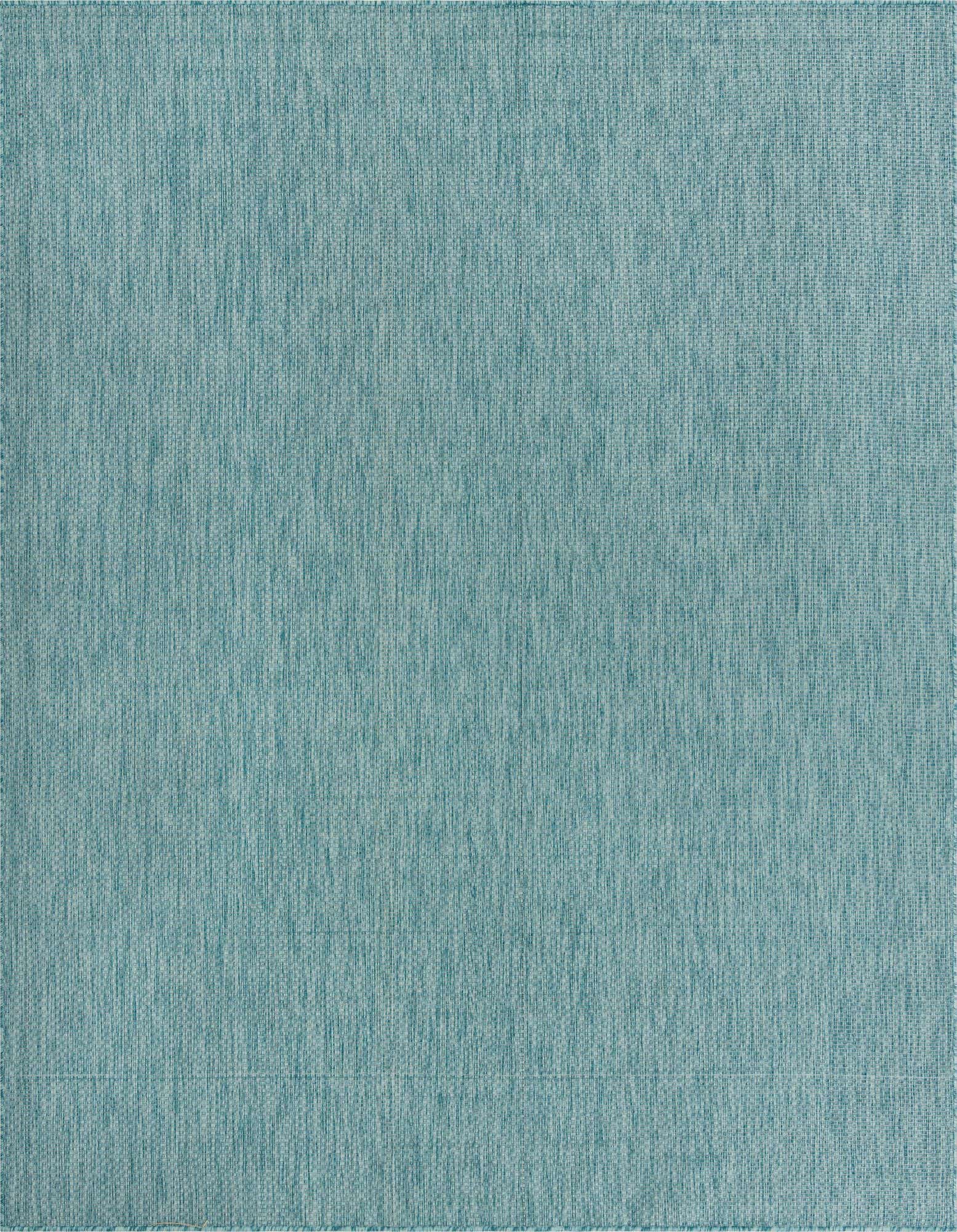 A close-up view of a 10' 8 x 10' 8 square blue flatweave rug with a subtle textured, solid modern pattern.