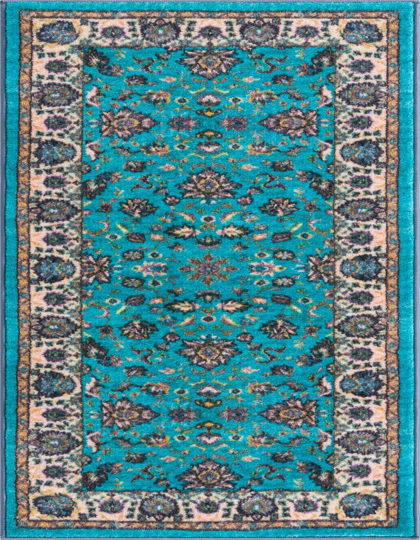 A 5 ft runner rug in shades of blue, featuring a traditional floral and oriental pattern with a vintage look, ideal for a hallway.