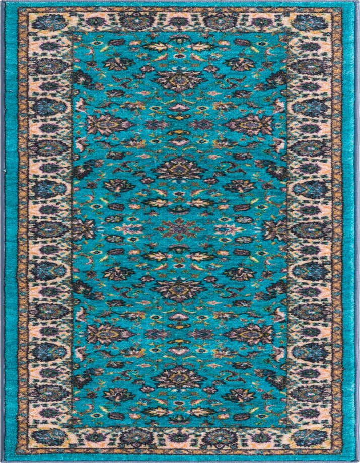 A 6 ft Medina runner rug in shades of blue, featuring a traditional floral and medallion pattern with a cream border, ideal for a hallway or kitchen.