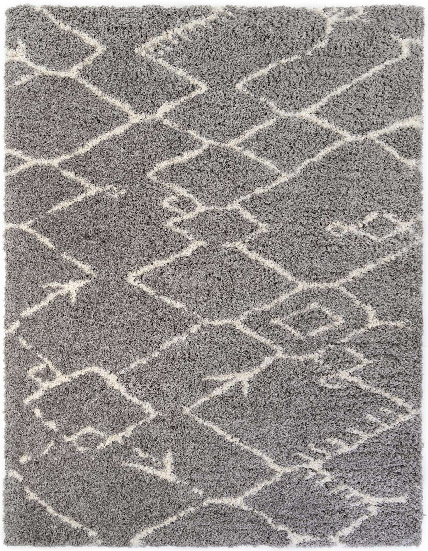 A large 10x14 rectangular gray shag rug with a modern white geometric diamond pattern, suitable for an indoor living space.