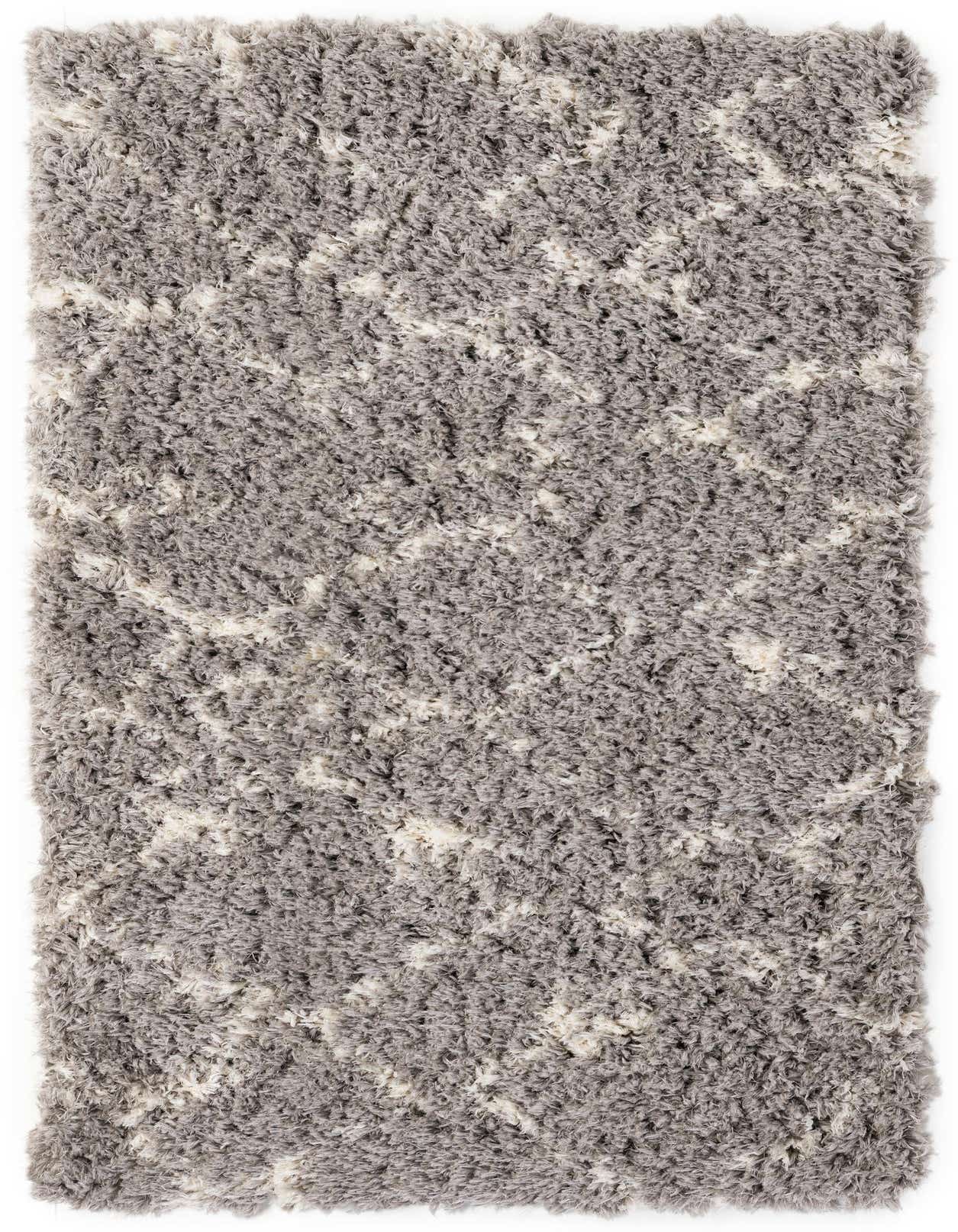A 3x5 rectangular gray shag rug with a subtle modern pattern in lighter gray, ideal for indoor living spaces.