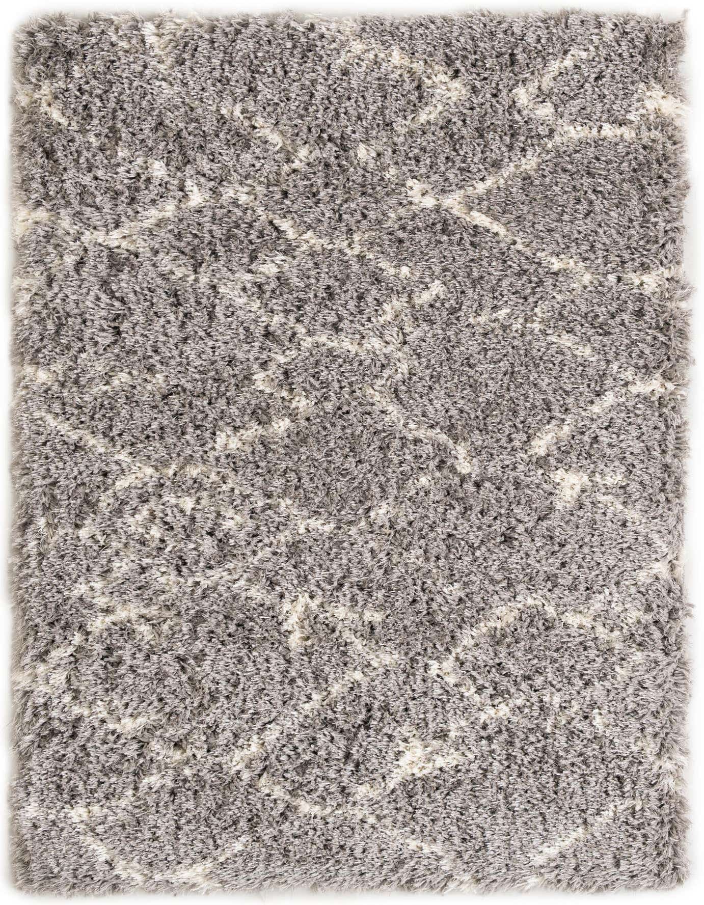 A 4x6 rectangular gray shag rug with a subtle modern abstract pattern in lighter gray, suitable for a living room.
