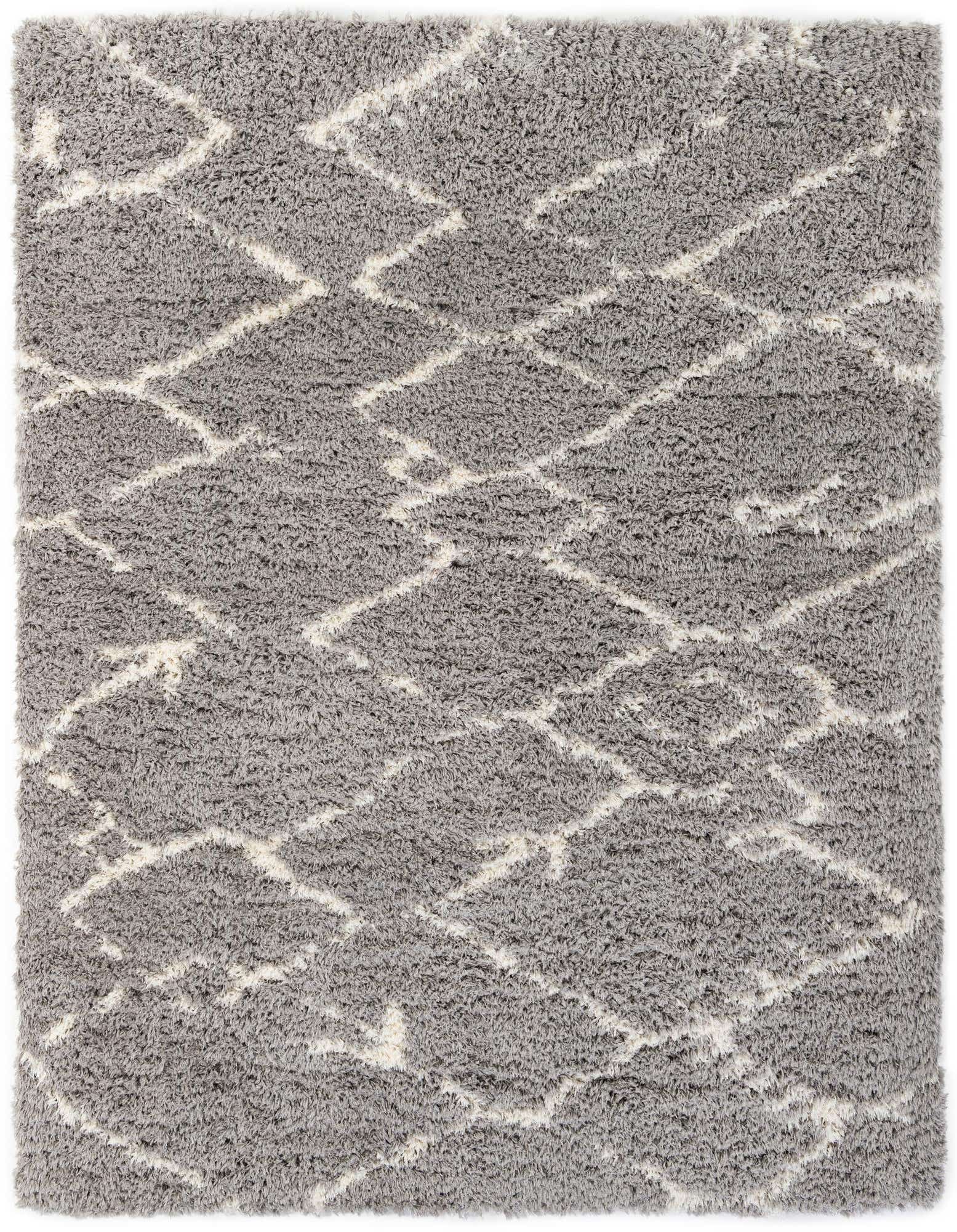 A rectangular 8x10 gray shag rug with a modern white geometric pattern, suitable for a living room.