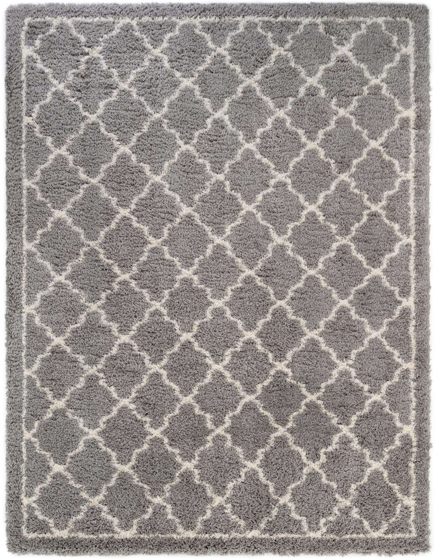 A large 10x14 rectangular gray shag rug with a white modern geometric trellis pattern, suitable for a living room.