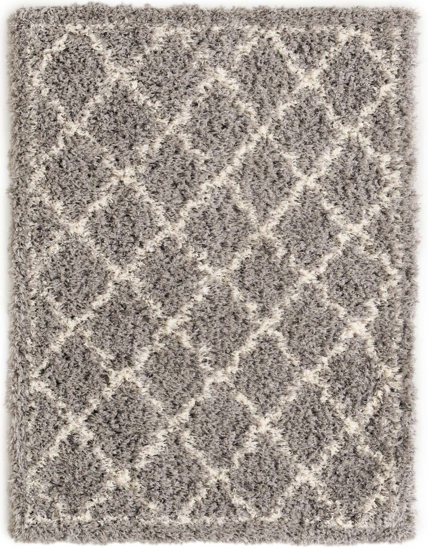 A rectangular 4x6 gray shag rug featuring a modern geometric diamond pattern in lighter gray, suitable for a living room.