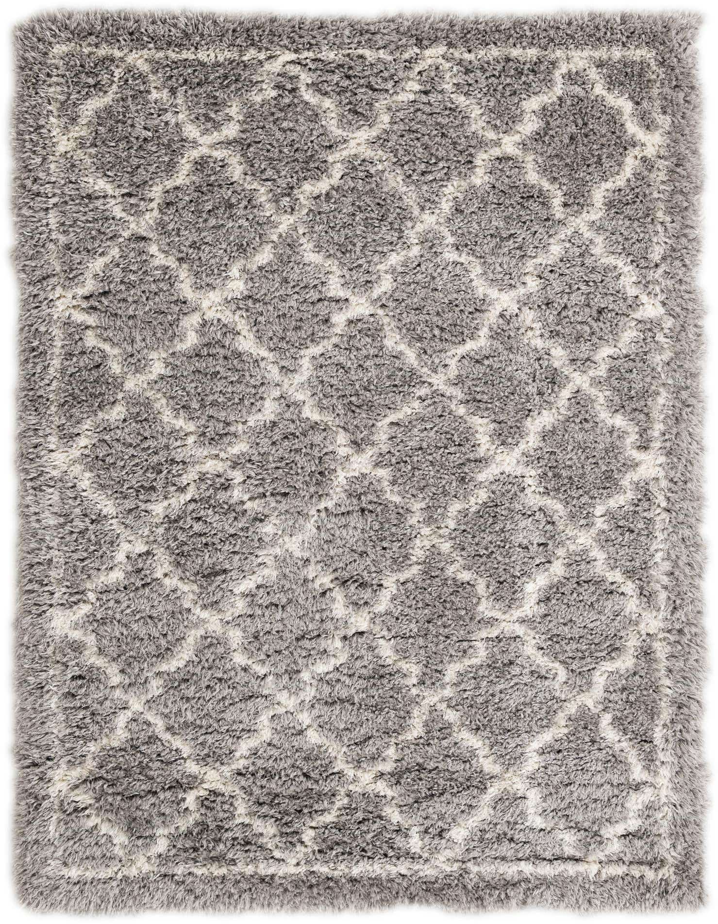 A 5x8 rectangular gray shag rug with a modern white geometric trellis pattern, suitable for a living room.