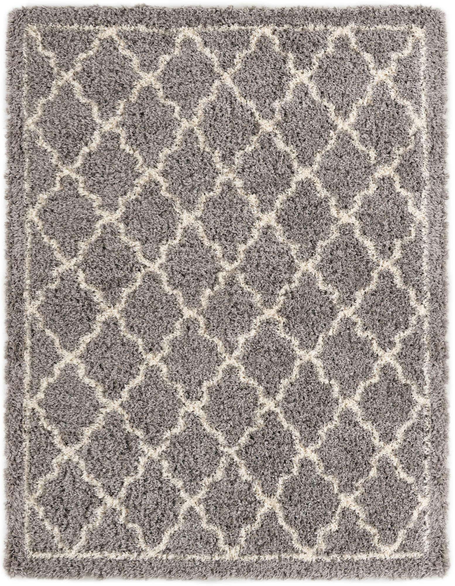 A rectangular 8x10 gray shag rug with a modern off-white trellis pattern, suitable for a living room.