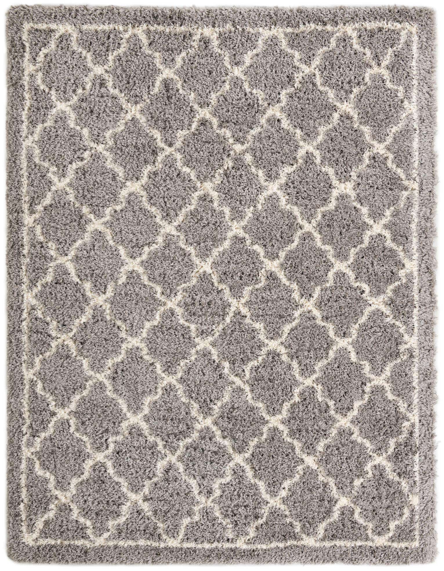 A 9x12 rectangular gray shag rug with a modern white trellis pattern and a subtle white border.