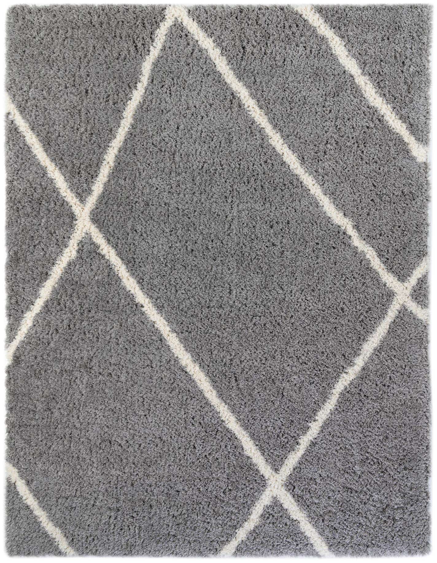 A large 10x14 rectangular gray shag rug with a modern white diamond trellis pattern, ideal for an indoor living space.