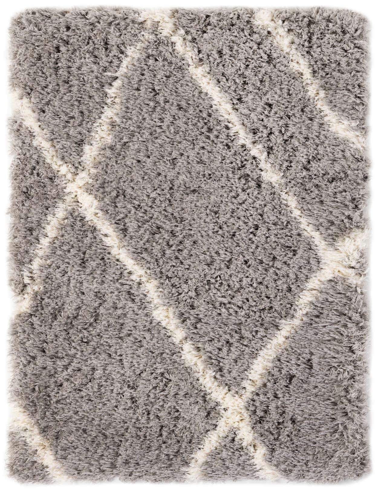 A 3x5 rectangular gray shag rug with a modern geometric diamond pattern in off-white, shown from above.