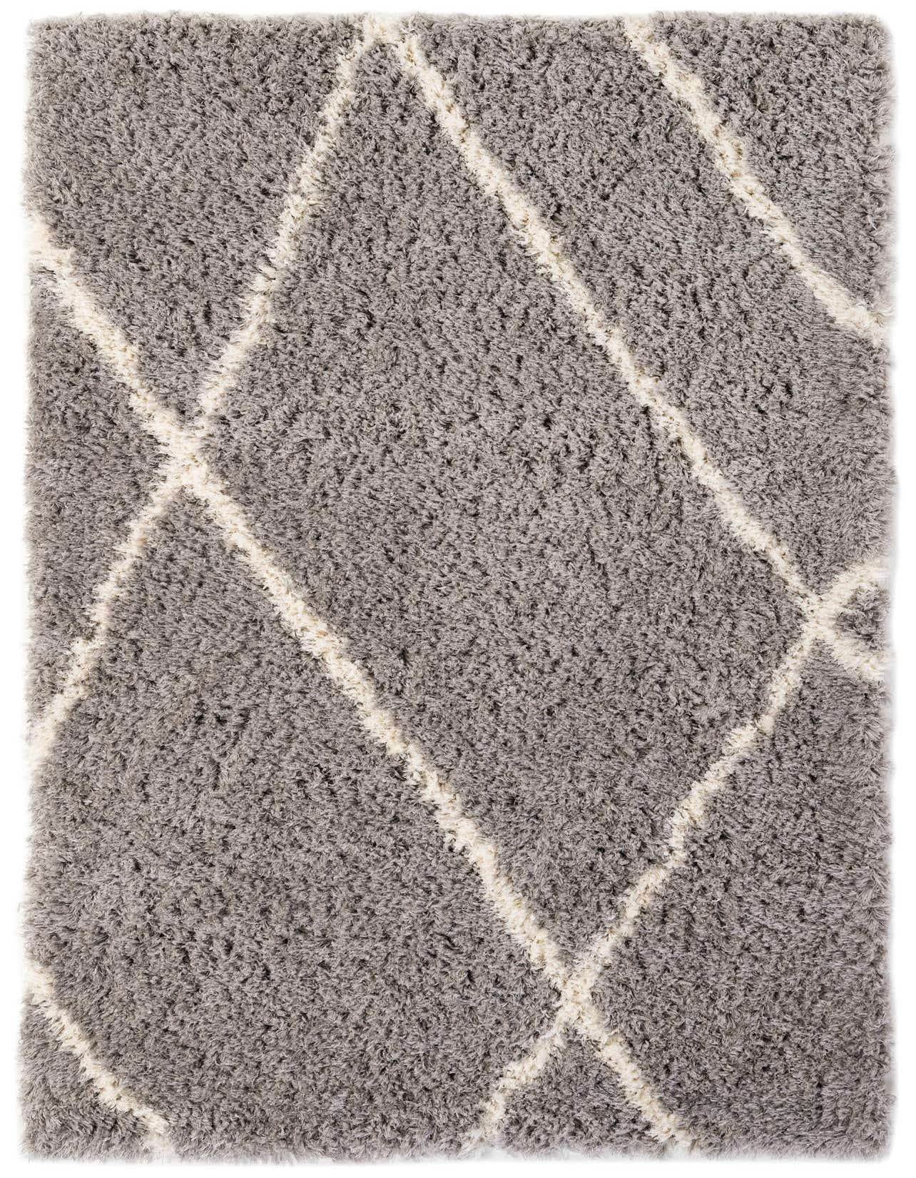 A 5x8 rectangular gray shag rug with a modern off-white diamond lattice pattern, perfect for a living room.
