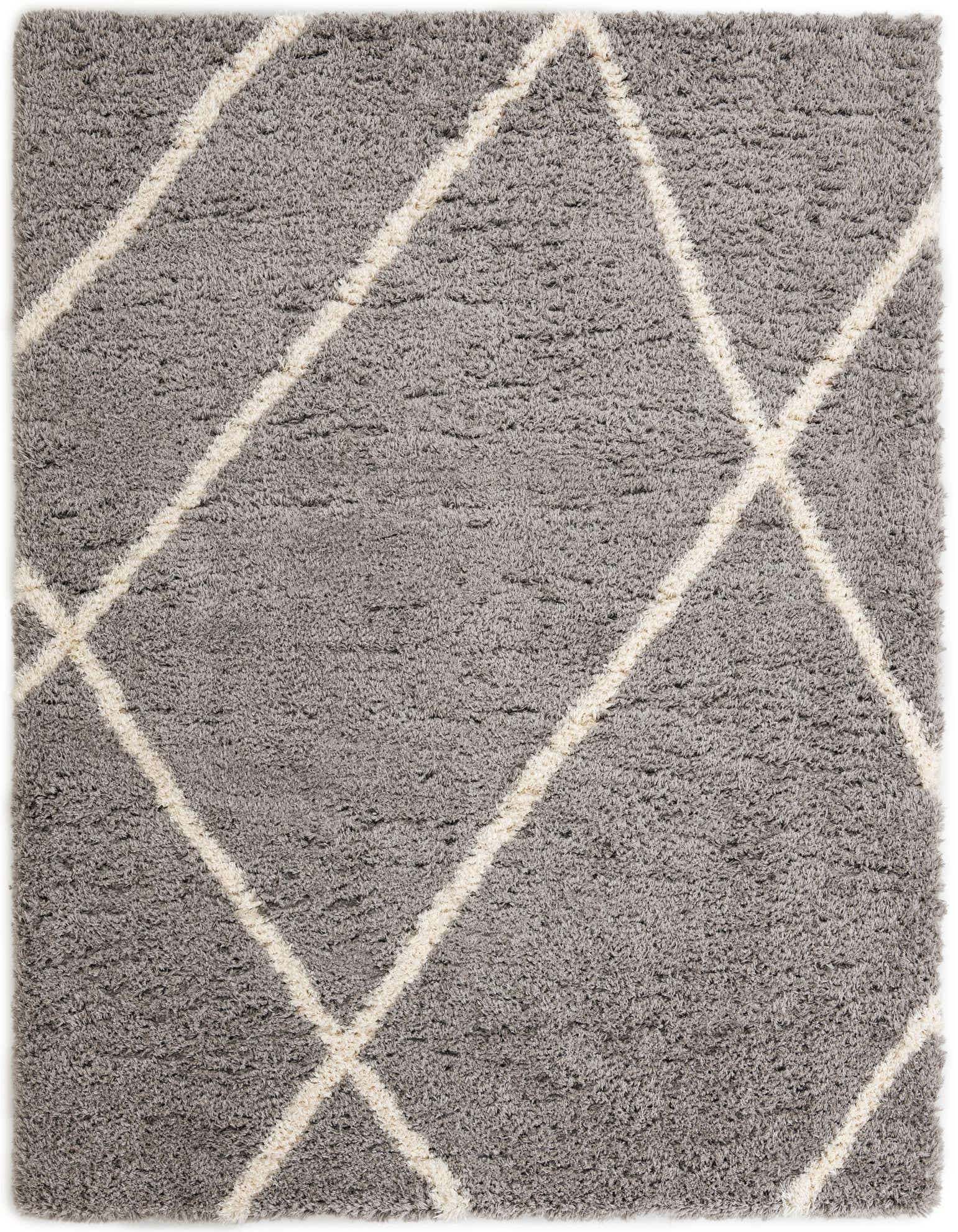 A 9x12 rectangular gray shag rug with a modern white diamond trellis pattern, ideal for a living room.