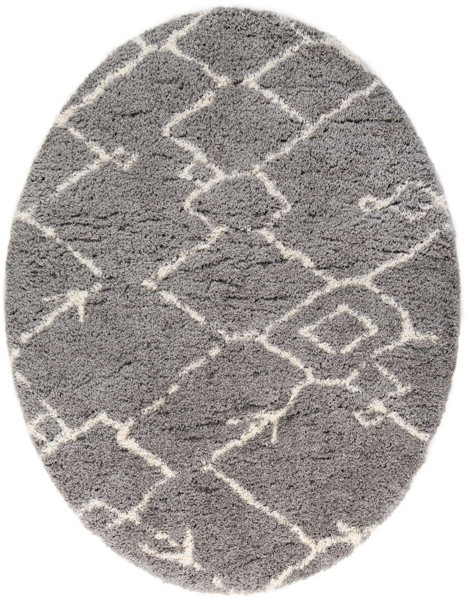 A 10-foot round gray shag rug with a modern off-white geometric diamond pattern, suitable for a living room or bedroom.
