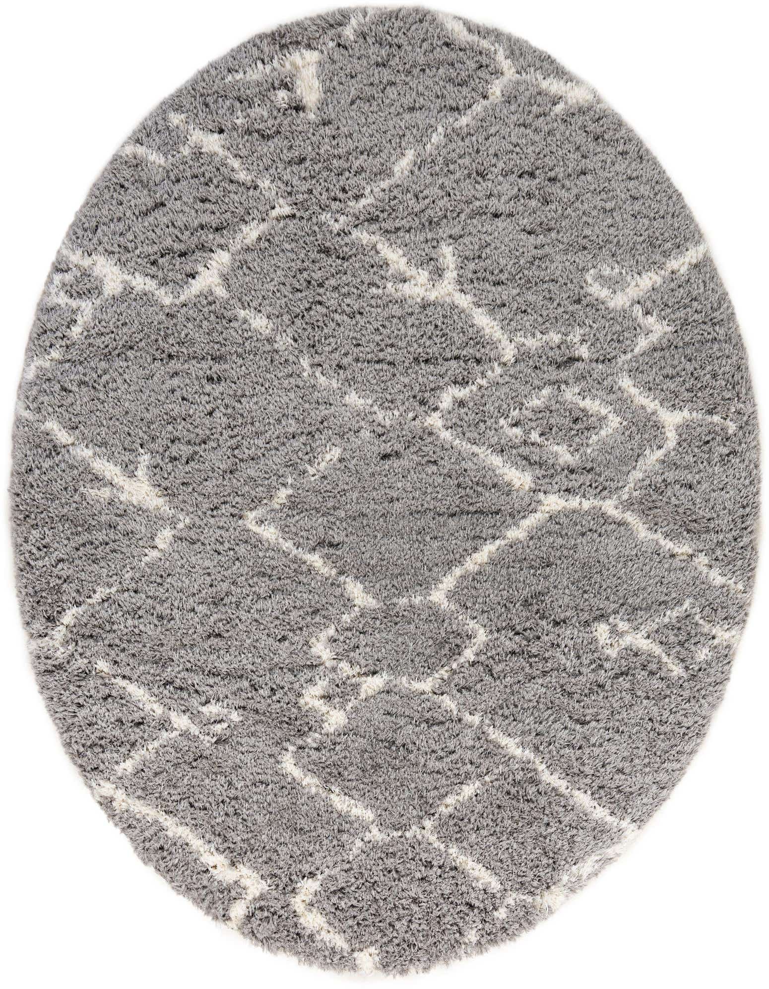 A round 8' gray shag rug with a modern white geometric pattern, suitable for a living room or bedroom.
