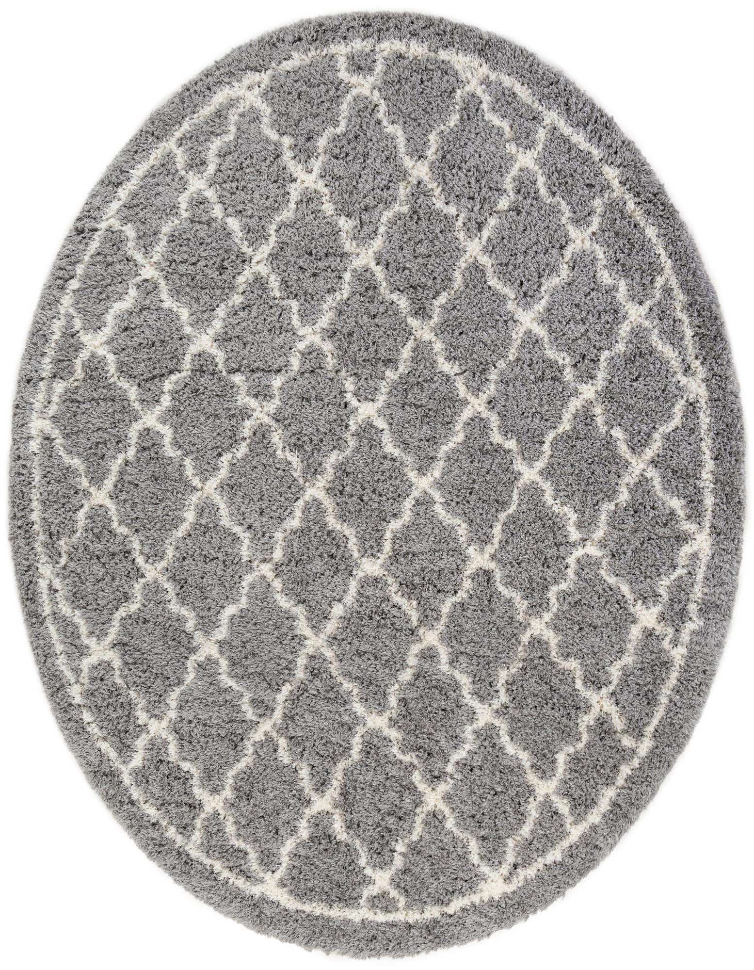A 10-foot round gray shag rug with a modern white trellis pattern, suitable for an indoor living space.
