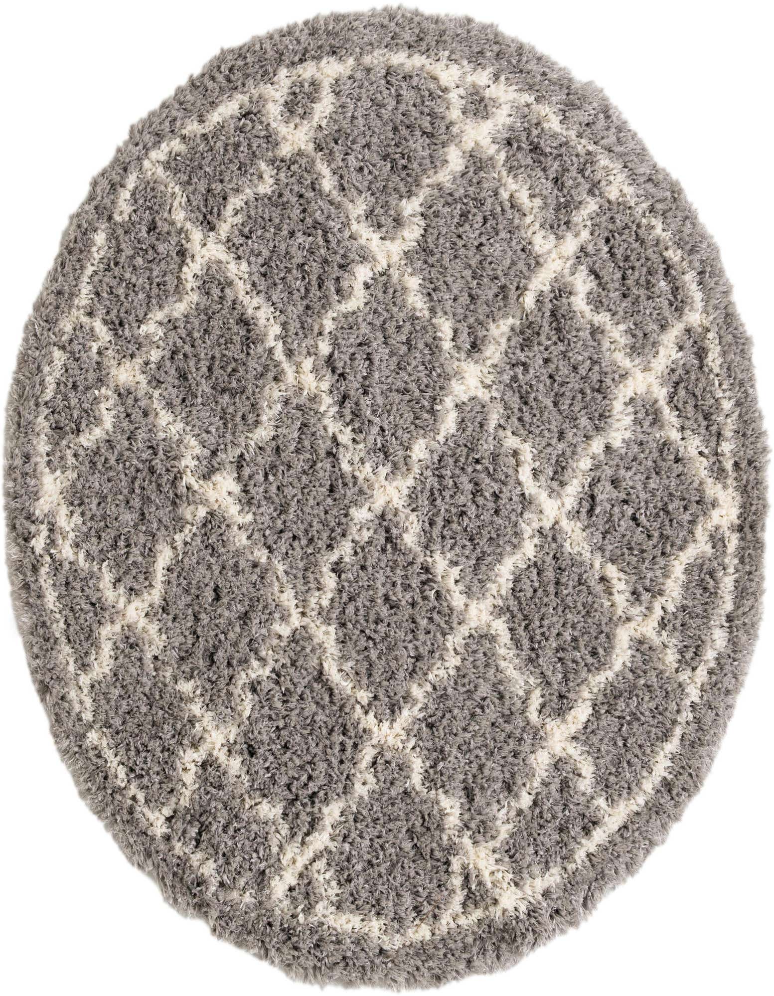 A 5' 0 x 5' 0 round gray shag rug with a modern white geometric trellis pattern, suitable for indoor spaces.